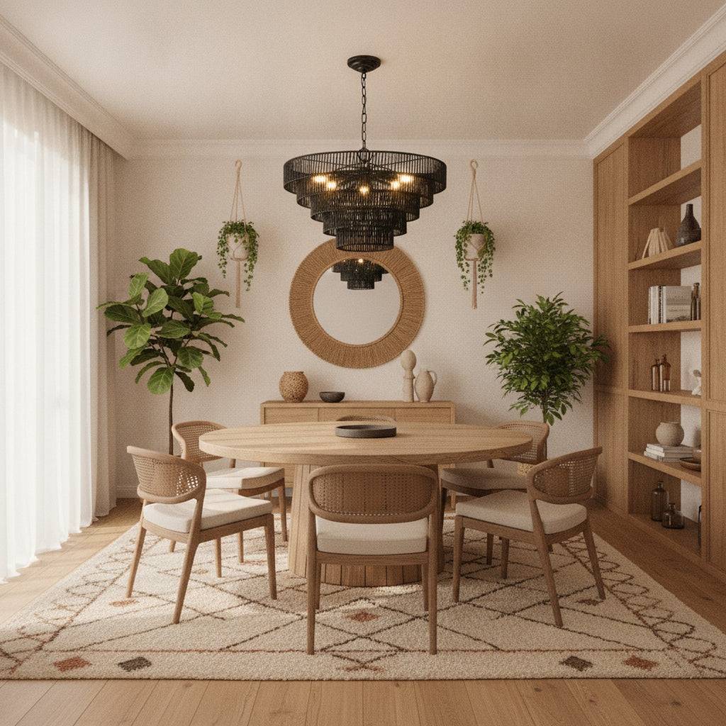 Rustic Boho Farmhouse Black Hemp Rope 8-Light Chandelier — styled in a Maison Bruxelle interior