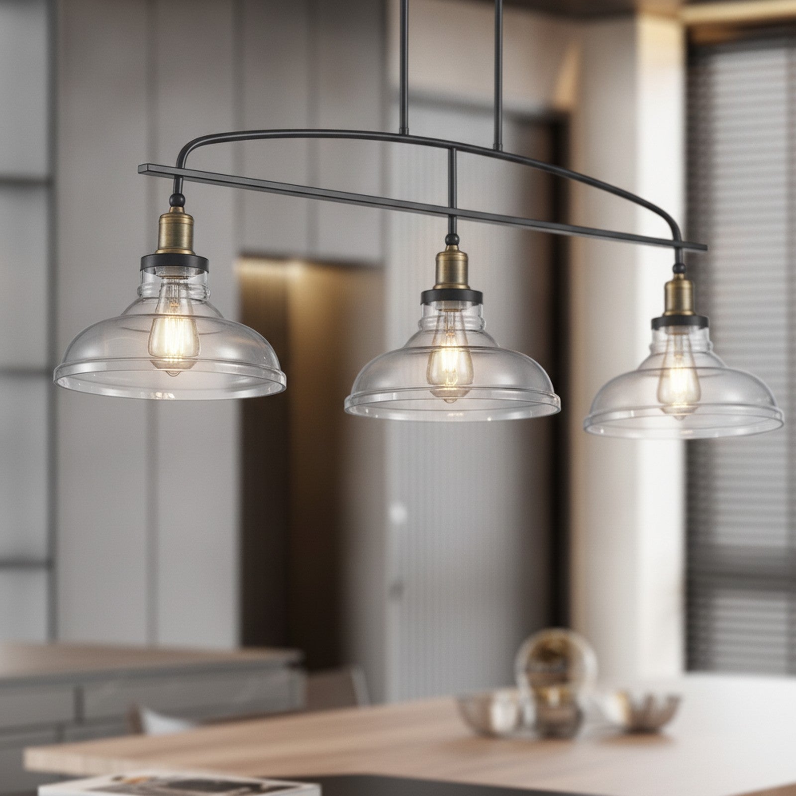 Industrial 3-Light Pendant Chandelier, Clear Glass, Black Metal — detail — Maison Bruxelle