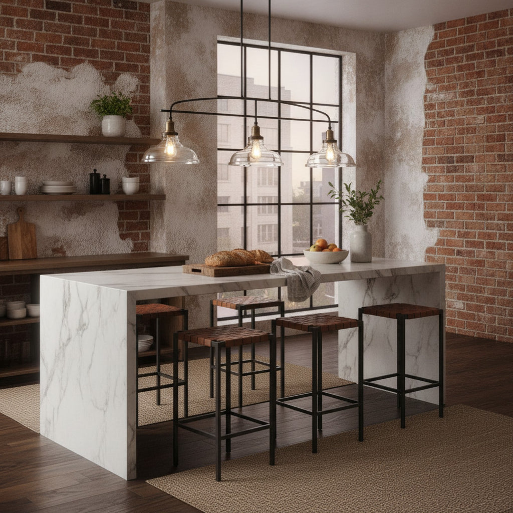 Industrial 3-Light Pendant Chandelier, Clear Glass, Black Metal — styled in a Maison Bruxelle interior
