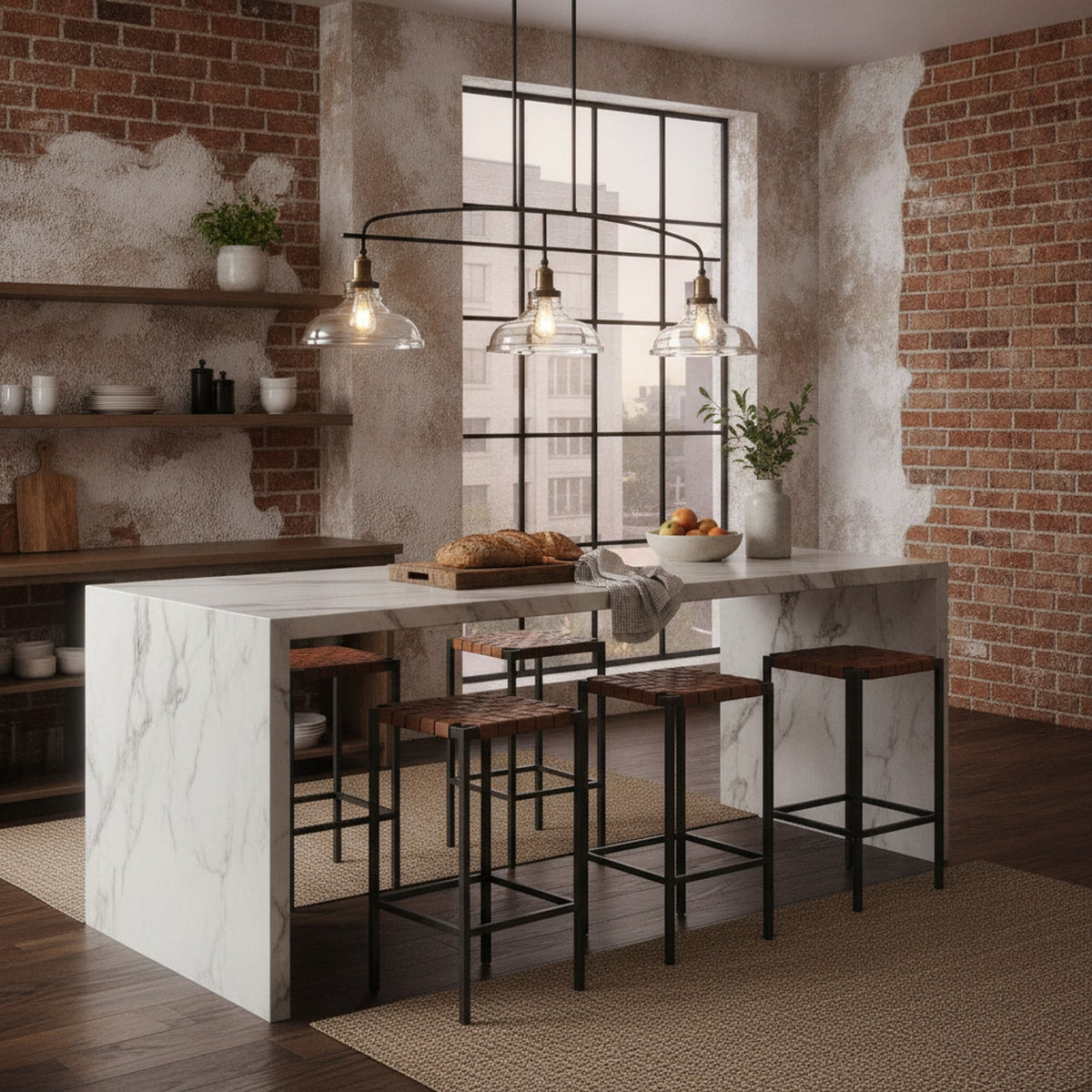 Industrial 3-Light Pendant Chandelier, Clear Glass, Black Metal — styled in a Maison Bruxelle interior