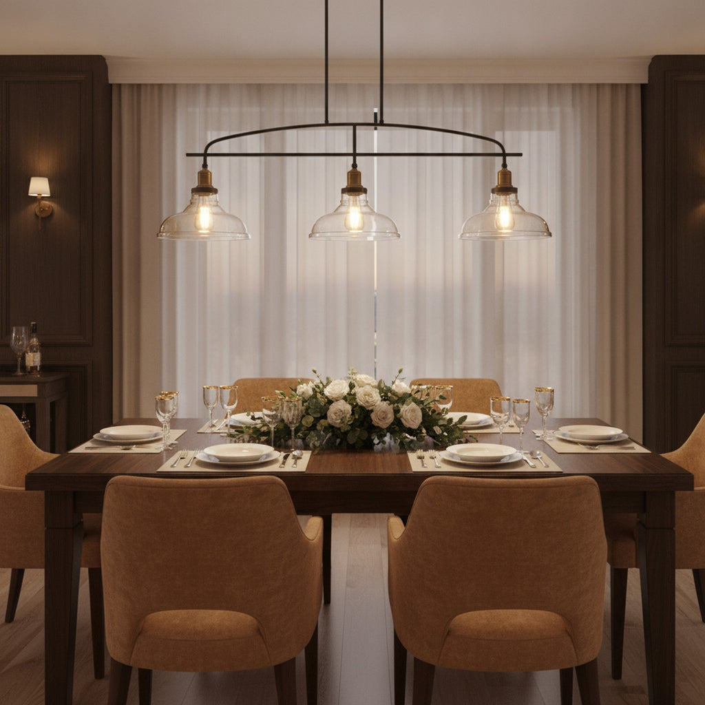 Industrial 3-Light Pendant Chandelier, Clear Glass, Black Metal — styled — Maison Bruxelle
