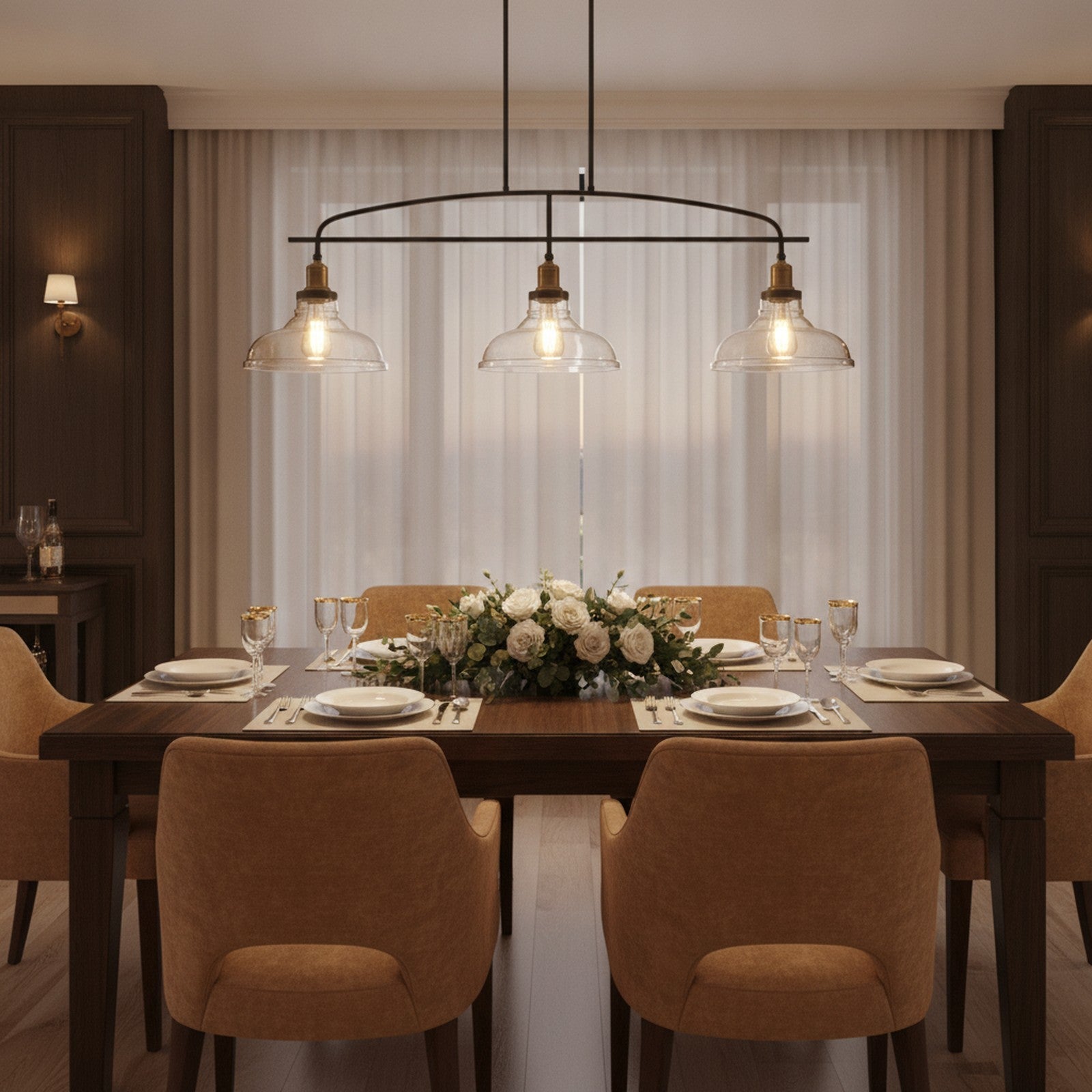 Industrial 3-Light Pendant Chandelier, Clear Glass, Black Metal — styled — Maison Bruxelle