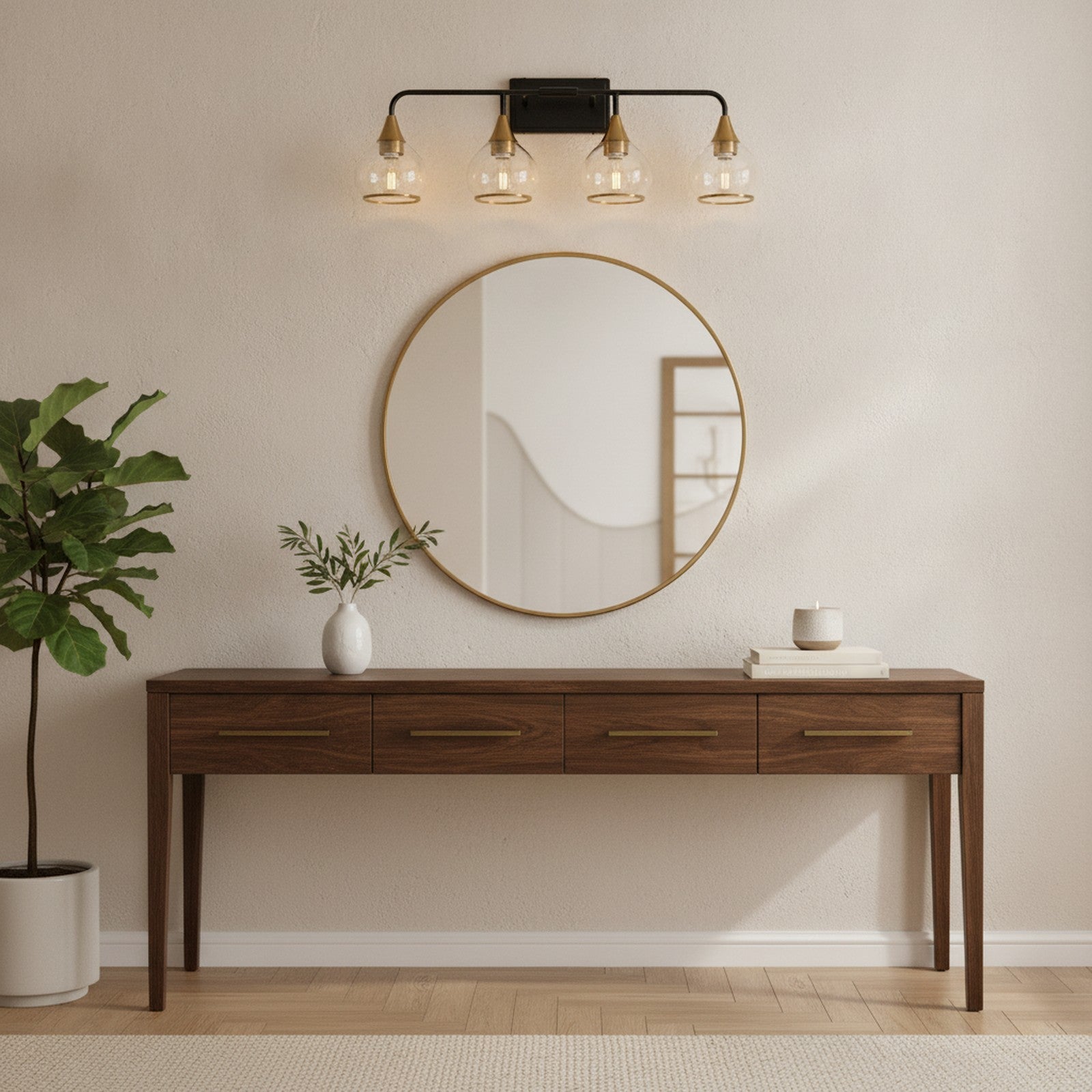 Modern Industrial Black Gold 4-Light Vanity Sconce — styled in a Maison Bruxelle interior