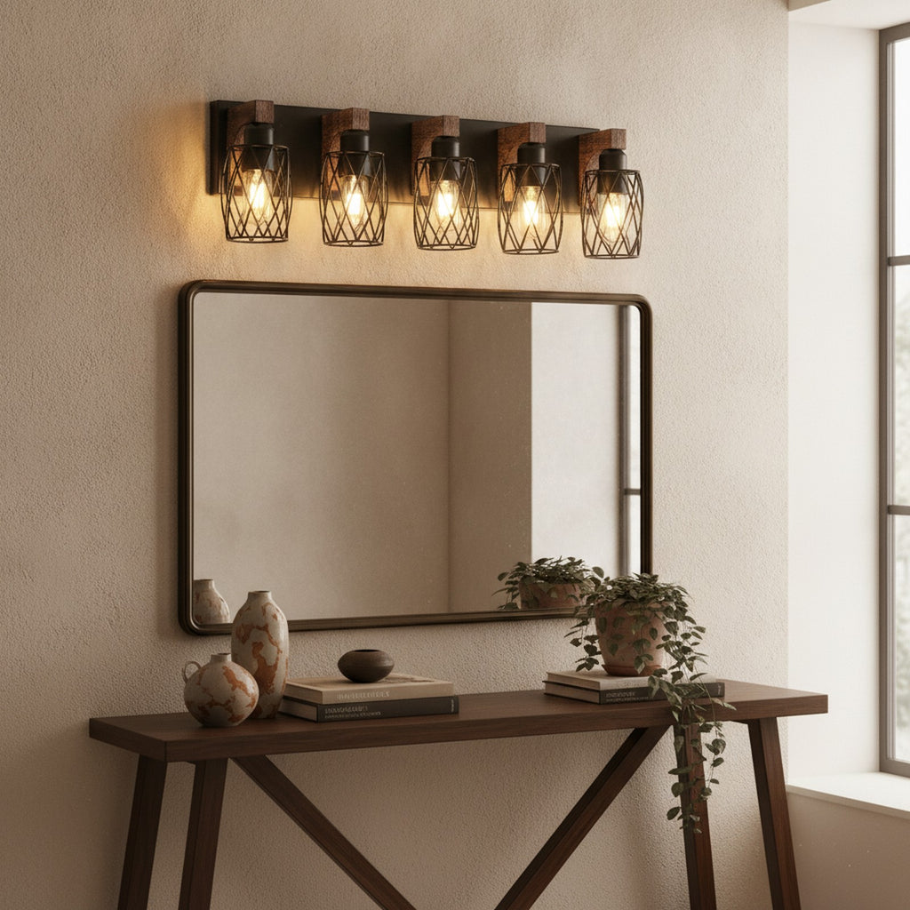 Industrial Vintage Black Cage 5-Light Wall Sconce — styled in a Maison Bruxelle interior