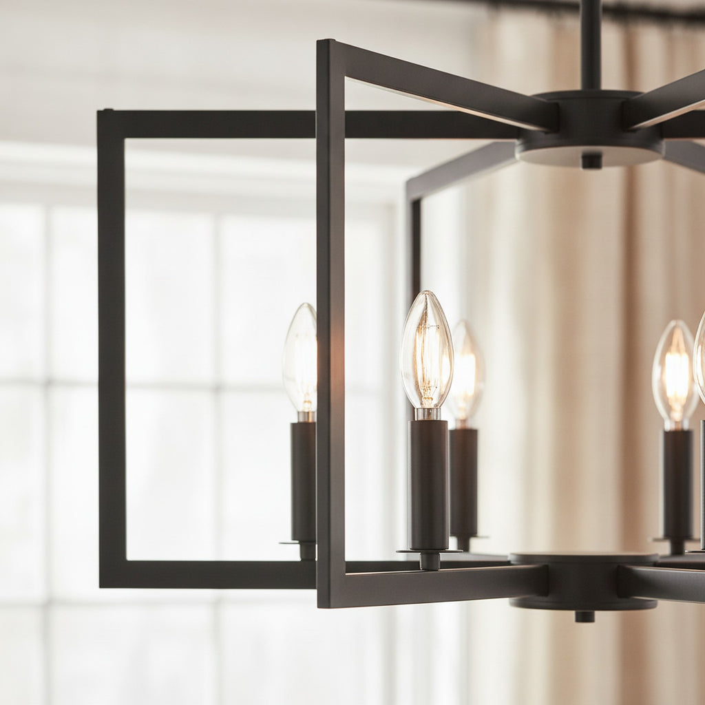 Modern Industrial Black Geometric 8-Light Chandelier — detail — Maison Bruxelle