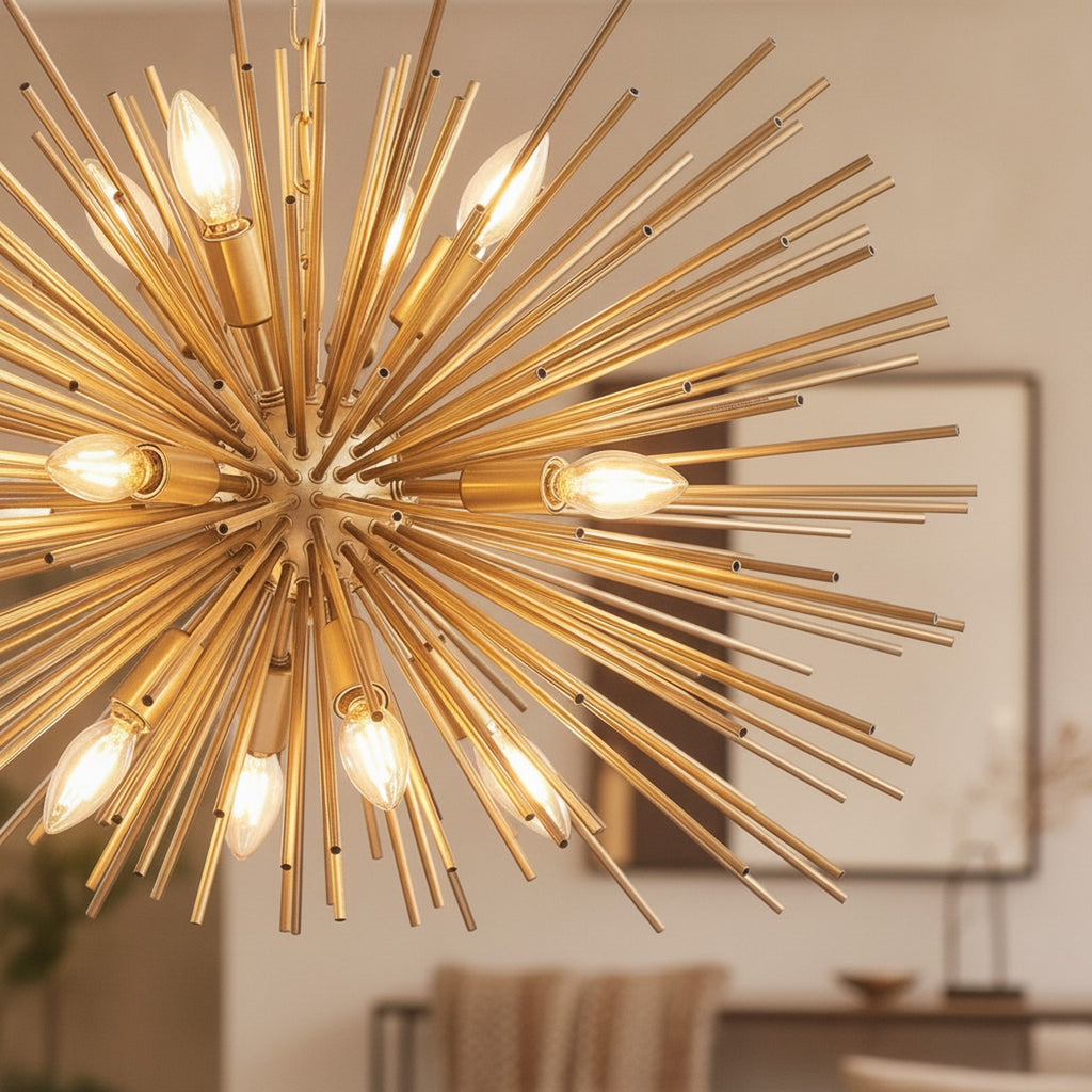 Mid-Century Modern Gold 12-Light Starburst Chandelier — detail — Maison Bruxelle