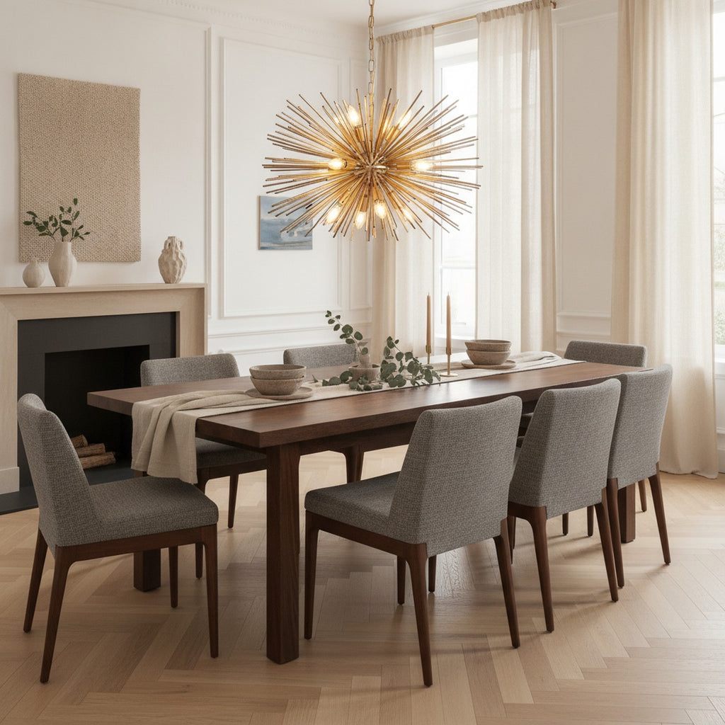 Mid-Century Modern Gold 12-Light Starburst Chandelier — styled in a Maison Bruxelle interior