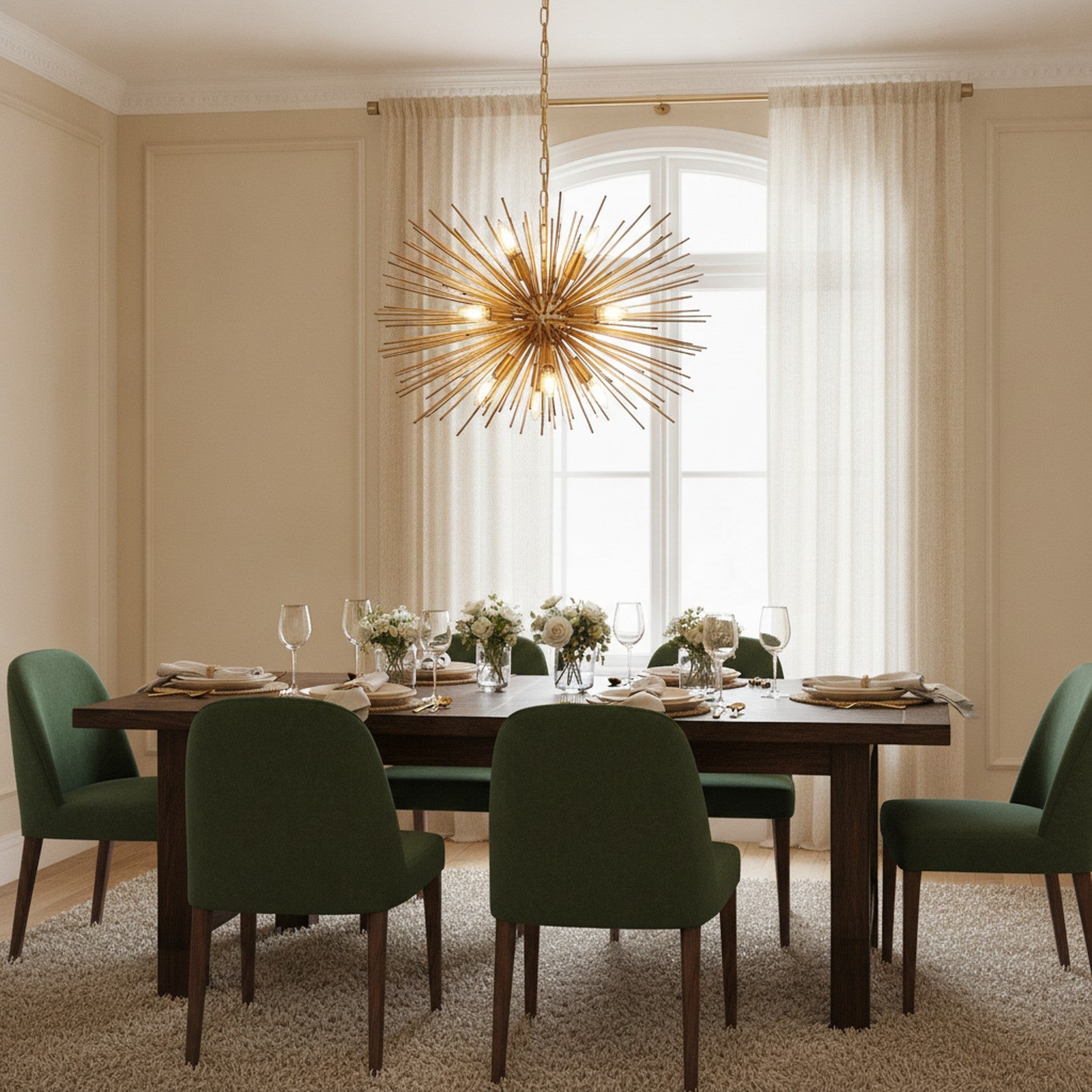 Mid-Century Modern Gold 12-Light Starburst Chandelier — styled — Maison Bruxelle