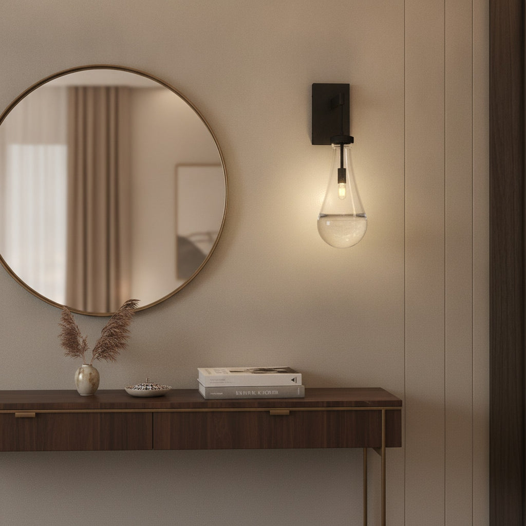 Modern Black Clear Glass Wall Sconce — styled in a Maison Bruxelle interior