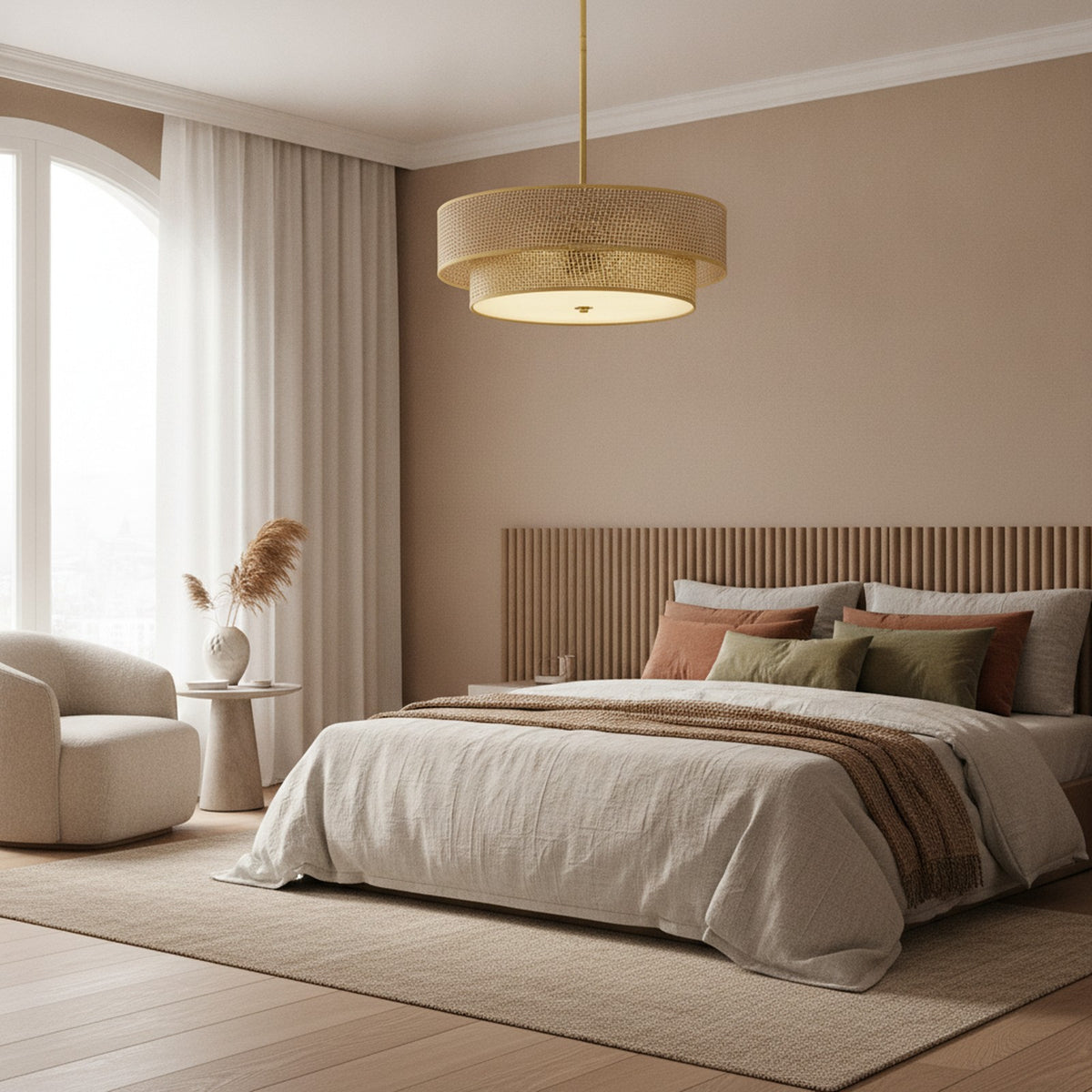 Modern Boho Woven Rattan Semi Flush Mount Light — styled in a Maison Bruxelle interior
