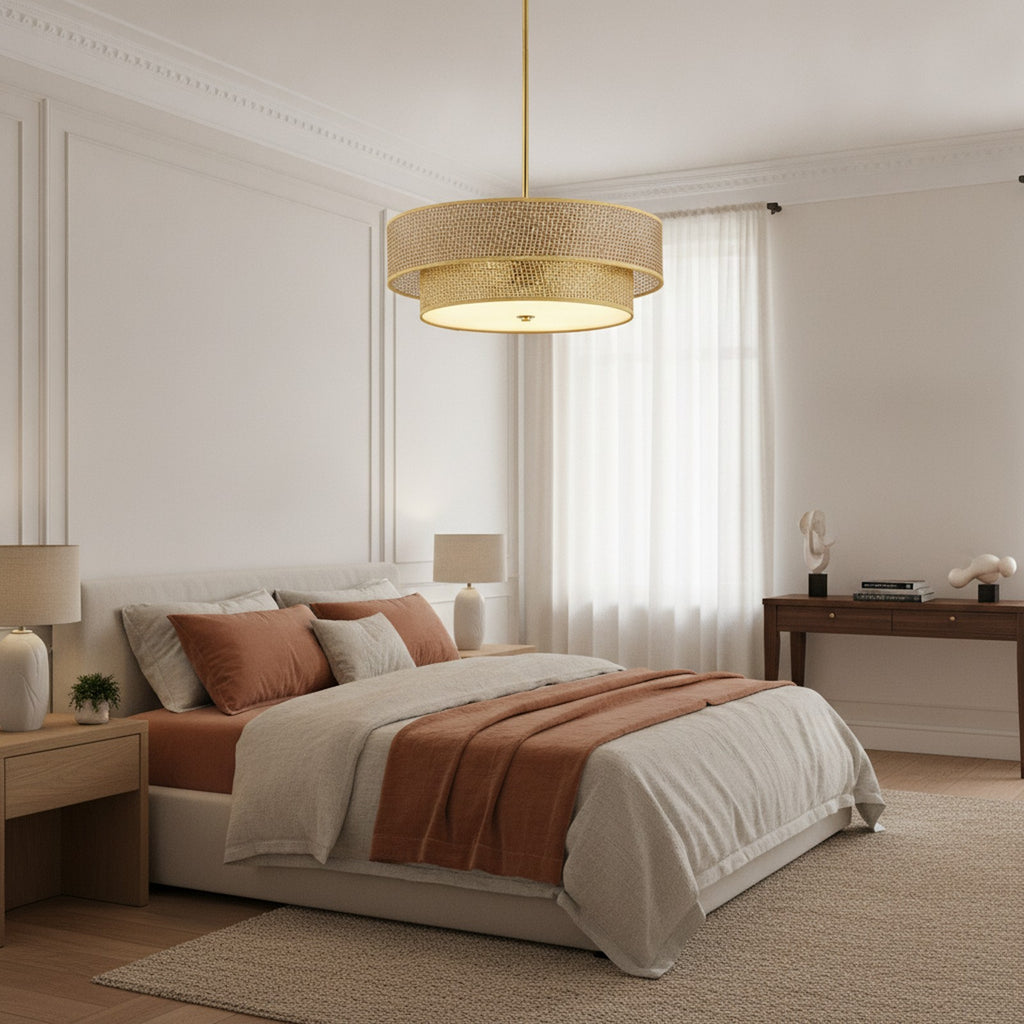 Modern Boho Woven Rattan Semi Flush Mount Light — styled — Maison Bruxelle