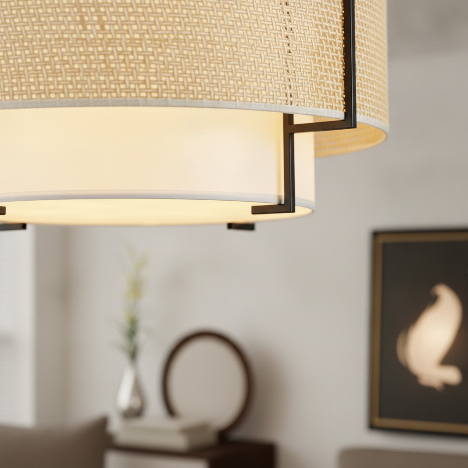 Farmhouse Boho Woven Rattan 4-Light Drum Chandelier — detail — Maison Bruxelle