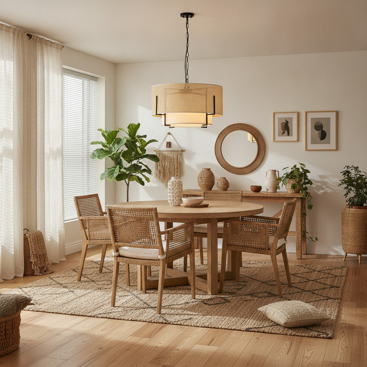Farmhouse Boho Woven Rattan 4-Light Drum Chandelier — styled in a Maison Bruxelle interior