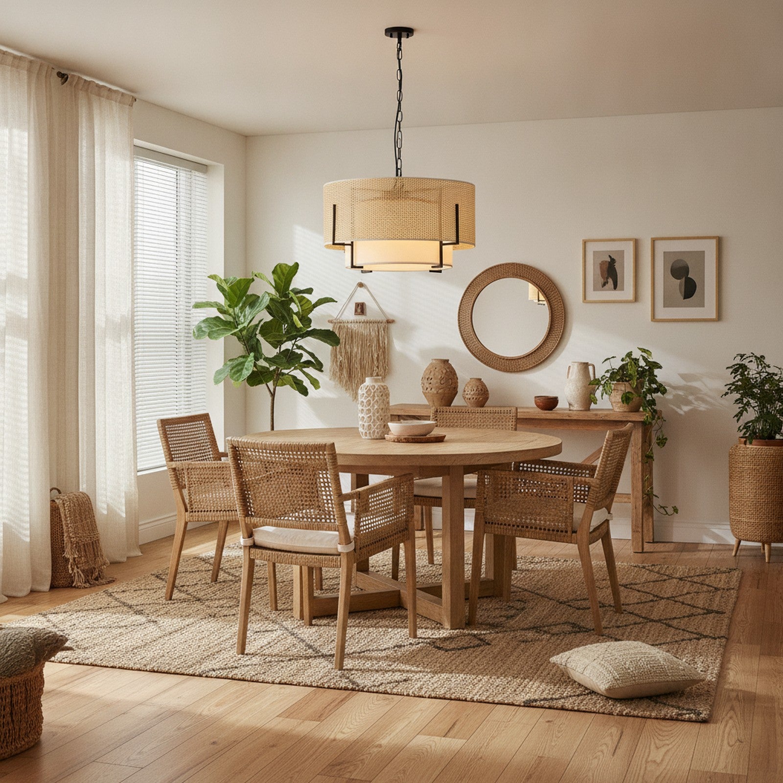 Farmhouse Boho Woven Rattan 4-Light Drum Chandelier — styled in a Maison Bruxelle interior