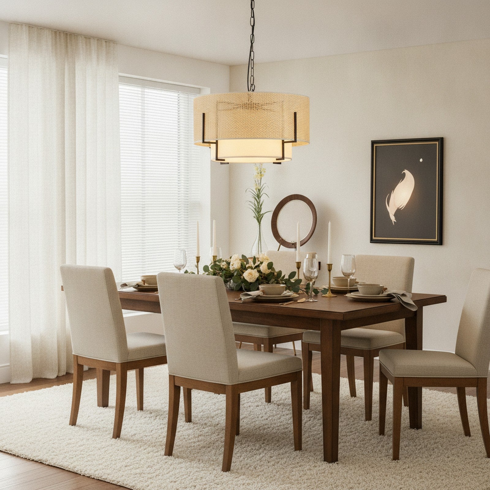 Farmhouse Boho Woven Rattan 4-Light Drum Chandelier — styled — Maison Bruxelle