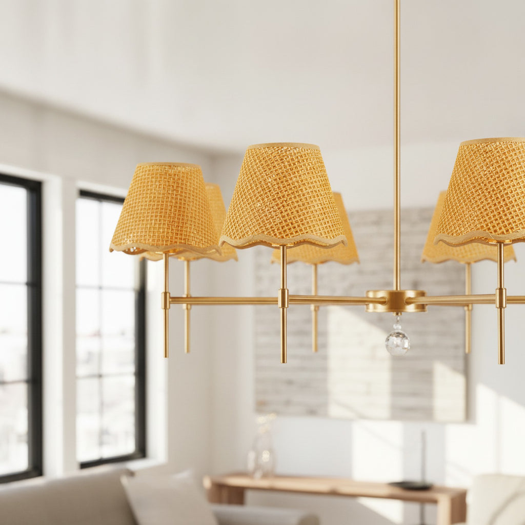 Gold 8-Light Boho Rustic Rattan Chandelier — detail — Maison Bruxelle