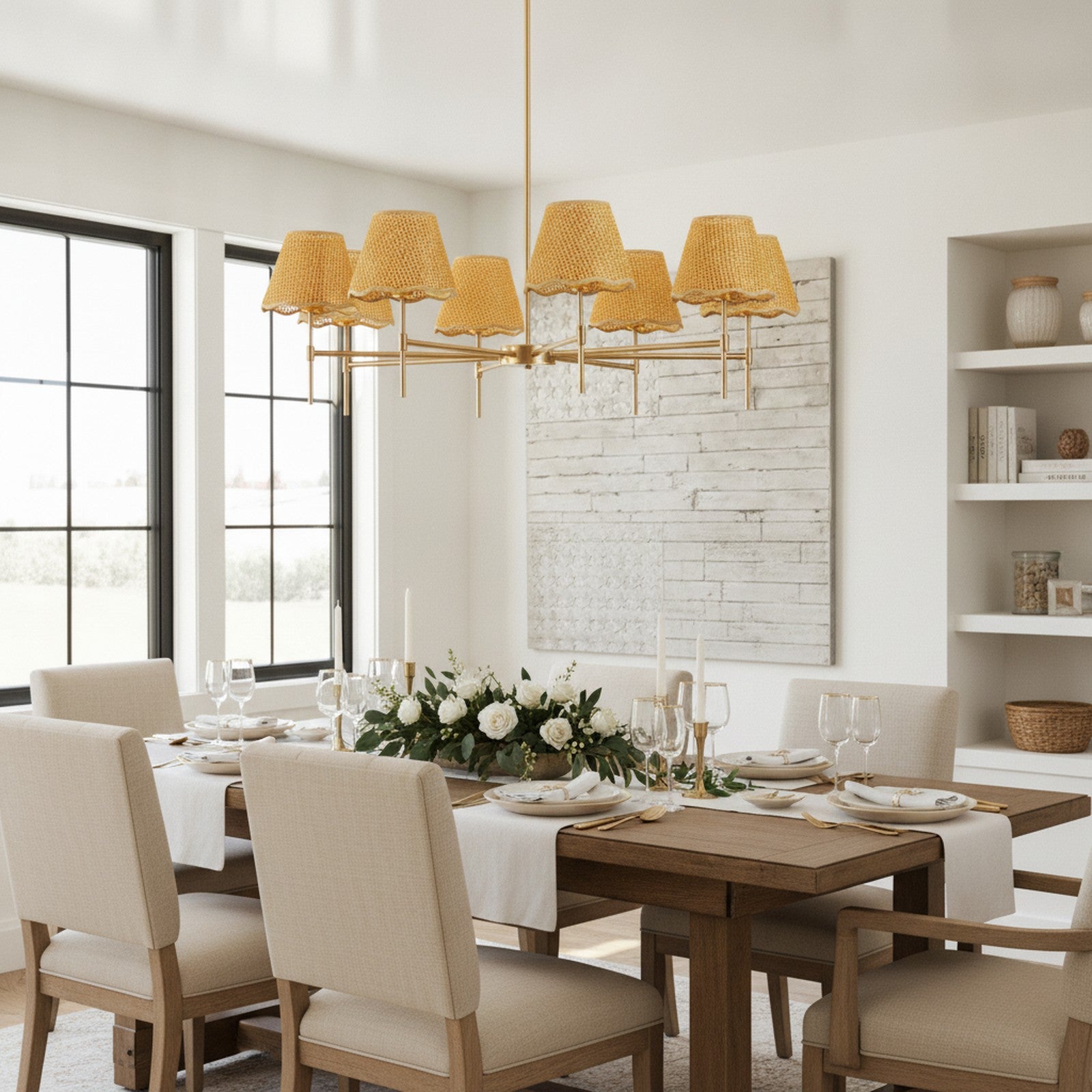 Gold 8-Light Boho Rustic Rattan Chandelier — styled — Maison Bruxelle