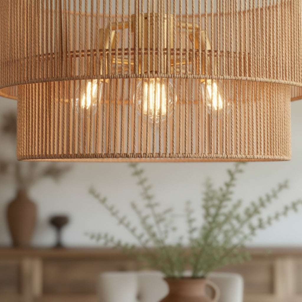 Boho Wabi-Sabi Gold Woven Rattan 2-Tier Chandelier — detail — Maison Bruxelle