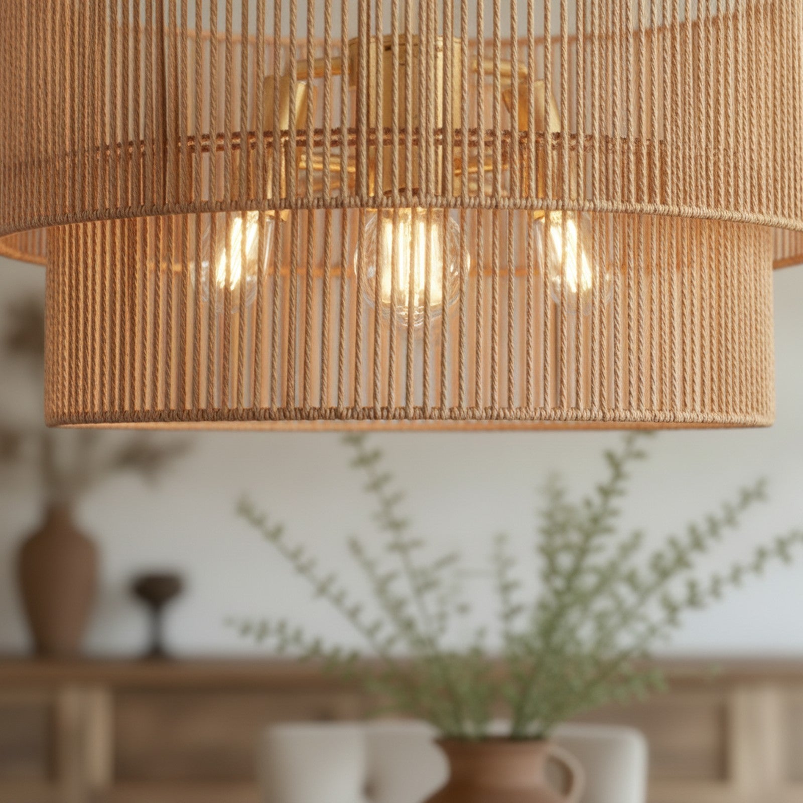 Boho Wabi-Sabi Gold Woven Rattan 2-Tier Chandelier — detail — Maison Bruxelle