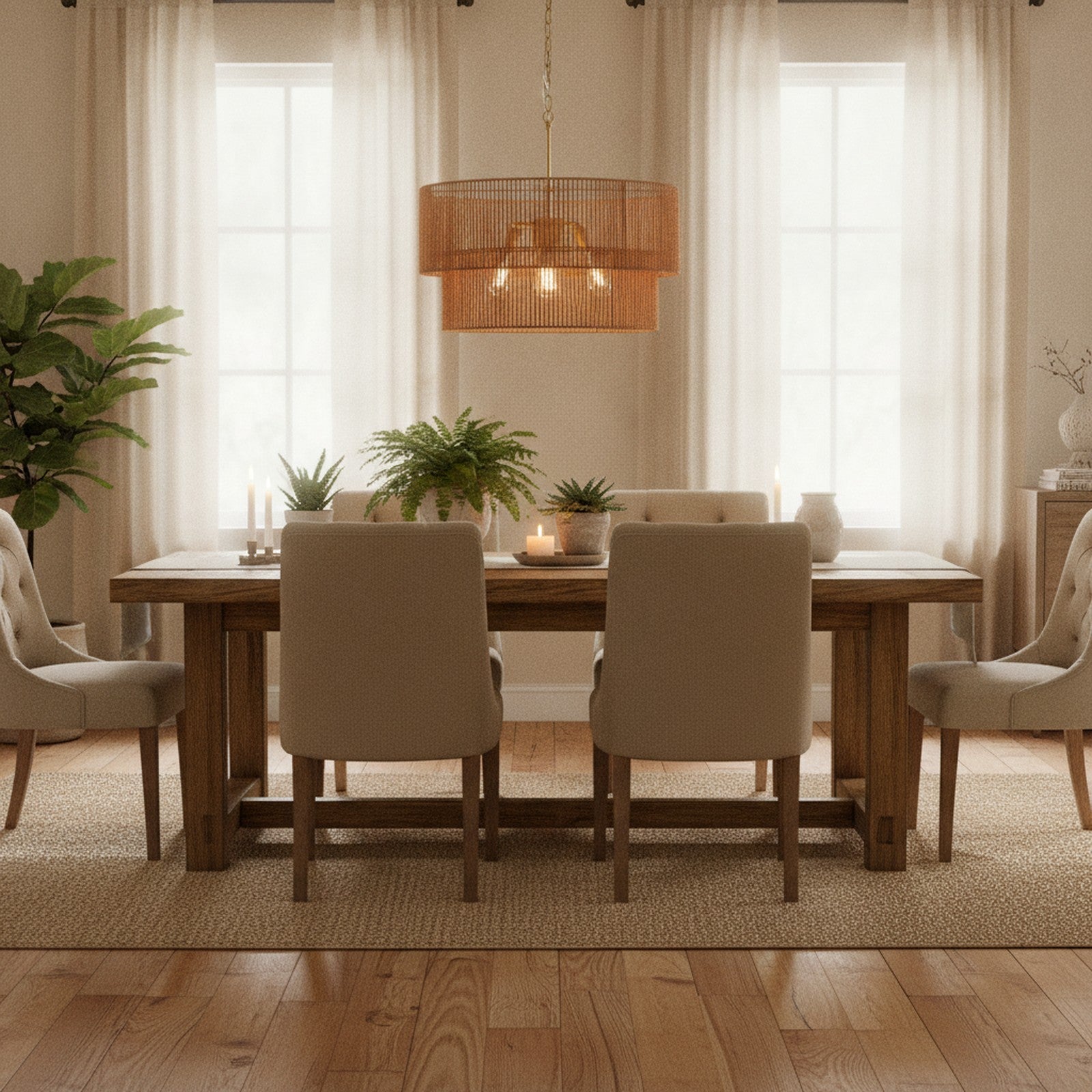 Boho Wabi-Sabi Gold Woven Rattan 2-Tier Chandelier — styled in a Maison Bruxelle interior