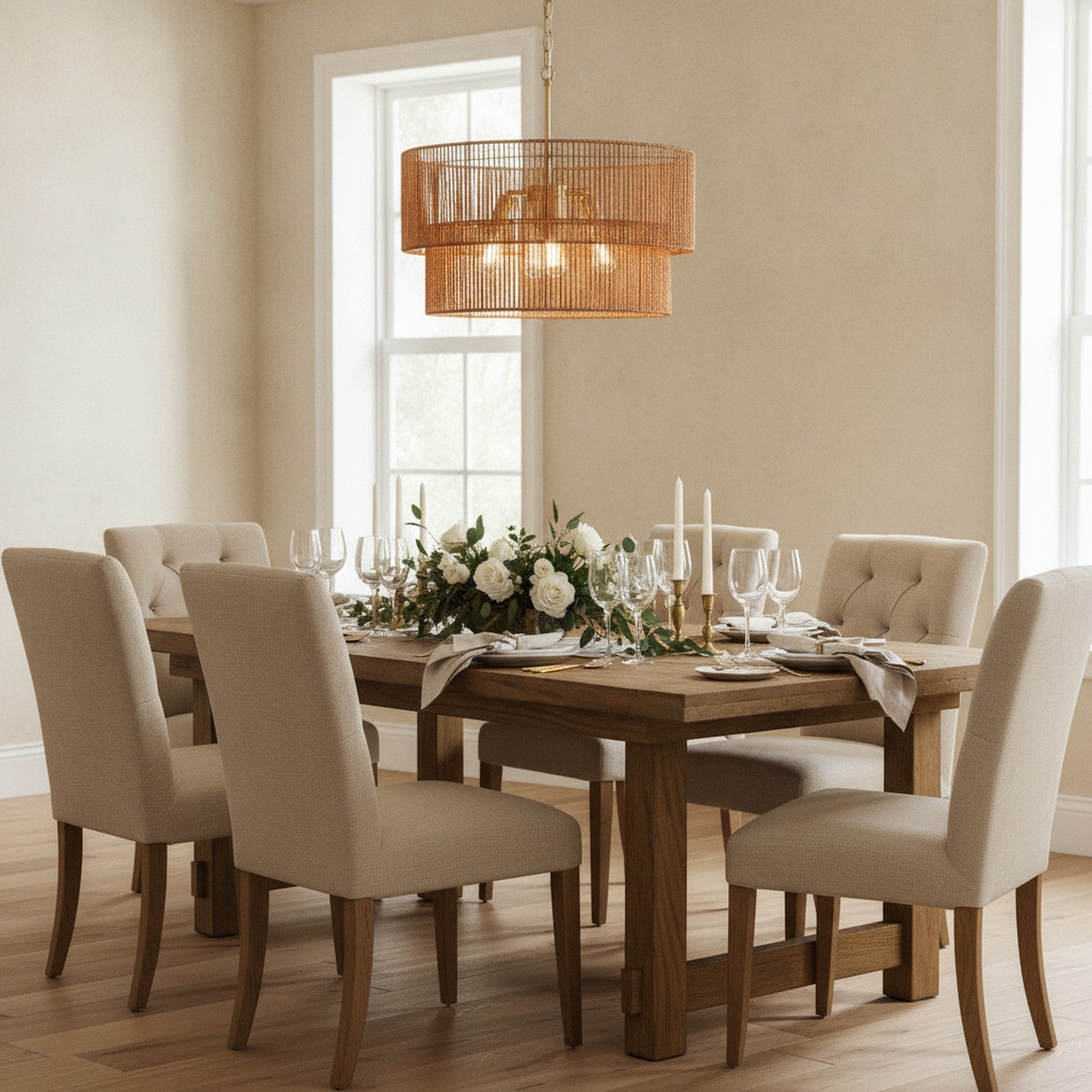 Boho Wabi-Sabi Gold Woven Rattan 2-Tier Chandelier — styled — Maison Bruxelle