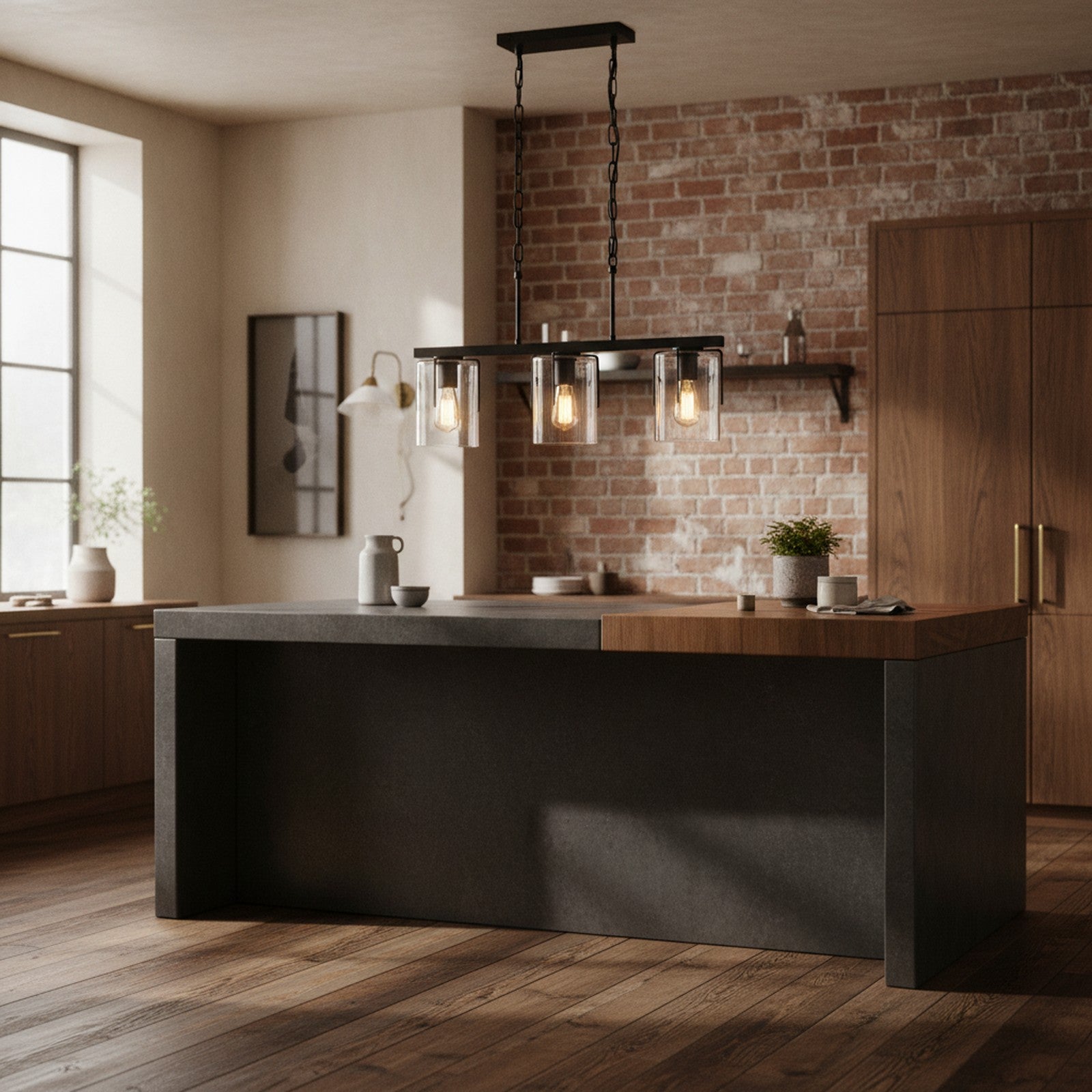 Industrial Matte Black 3-Light Linear Pendant Chandelier — styled in a Maison Bruxelle interior