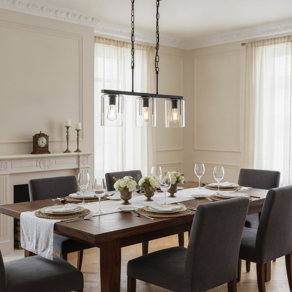 Industrial Matte Black 3-Light Linear Pendant Chandelier — styled — Maison Bruxelle