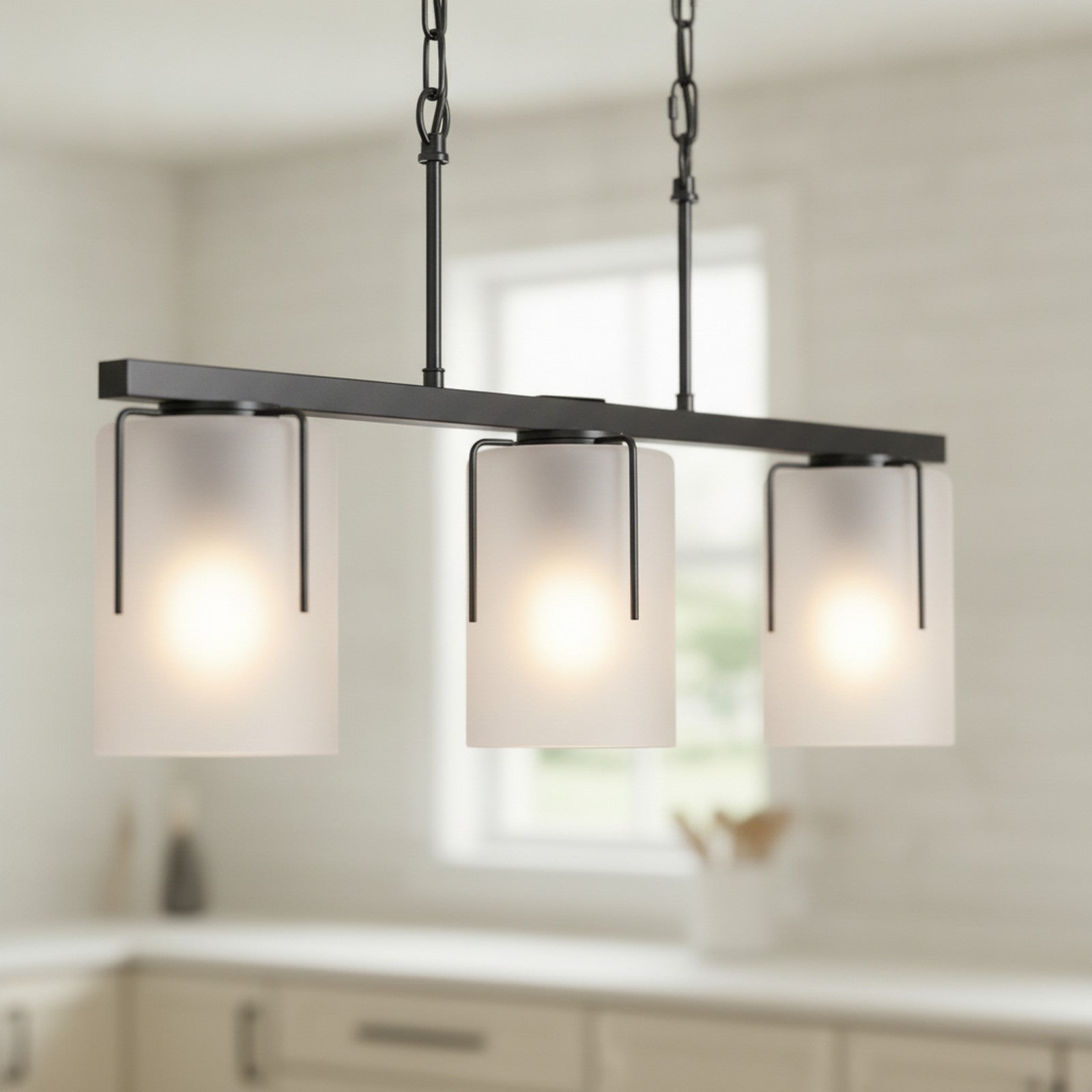 Minimalist Matte Black 3-Light Linear Chandelier — detail — Maison Bruxelle