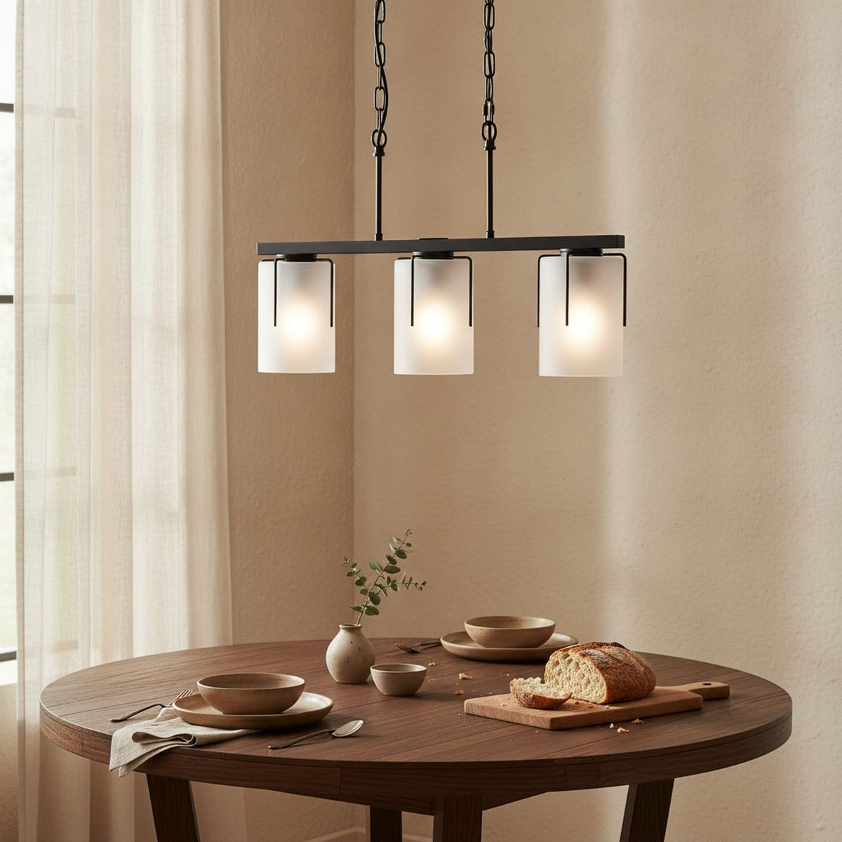 Minimalist Matte Black 3-Light Linear Chandelier — styled in a Maison Bruxelle interior