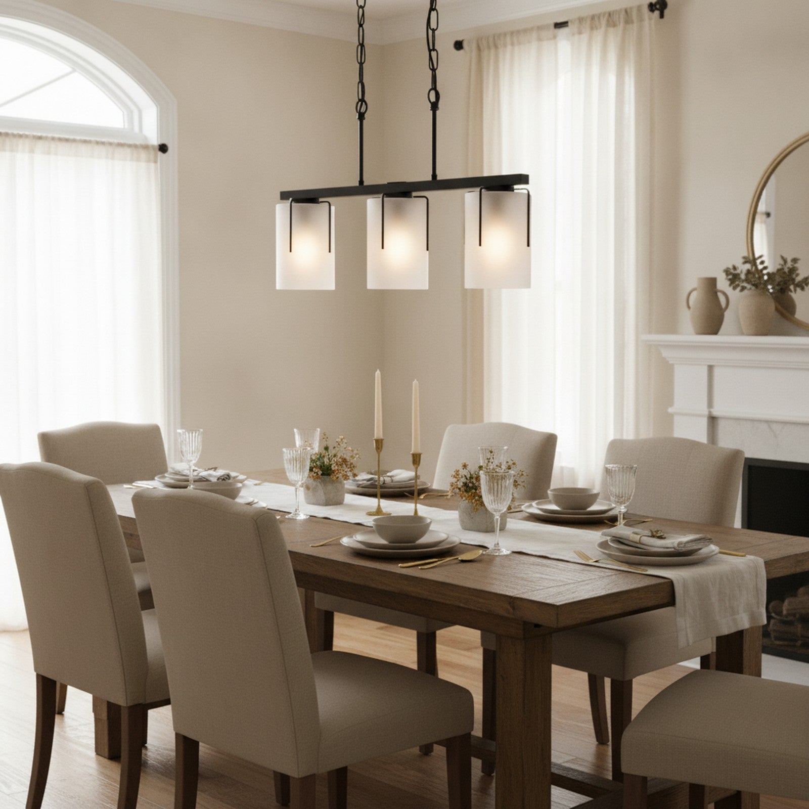 Minimalist Matte Black 3-Light Linear Chandelier — styled — Maison Bruxelle