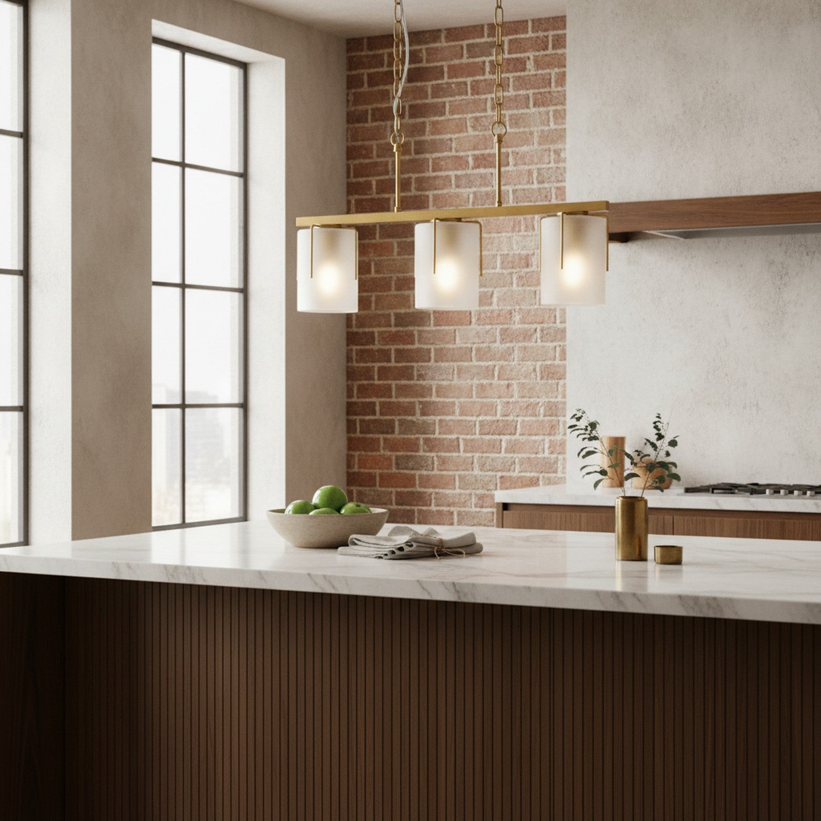 Modern Gold Industrial 3-Light Linear Chandelier — styled in a Maison Bruxelle interior