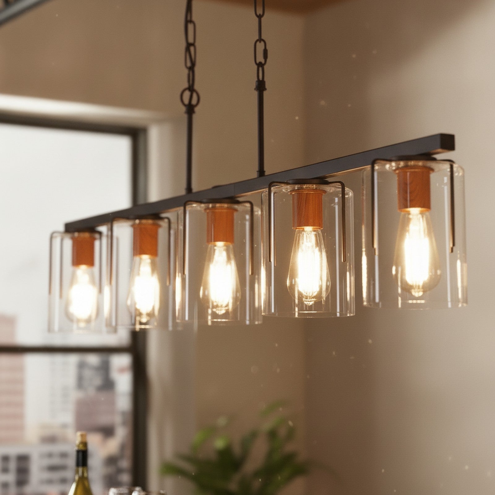 5-Light Linear Chandelier, Clear Glass & Wood Accent — detail — Maison Bruxelle
