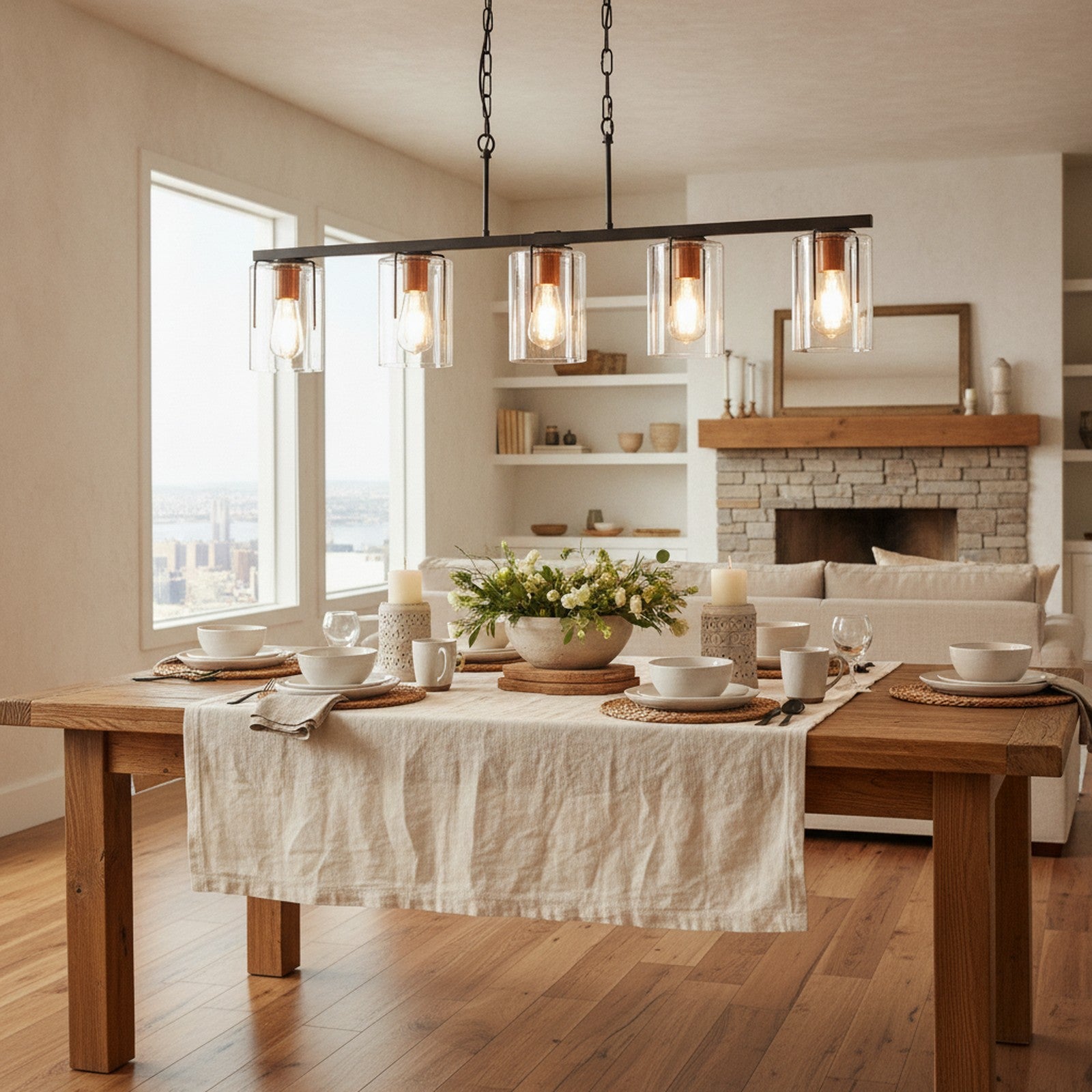5-Light Linear Chandelier, Clear Glass & Wood Accent — styled in a Maison Bruxelle interior