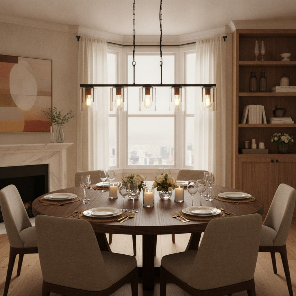 5-Light Linear Chandelier, Clear Glass & Wood Accent — styled — Maison Bruxelle