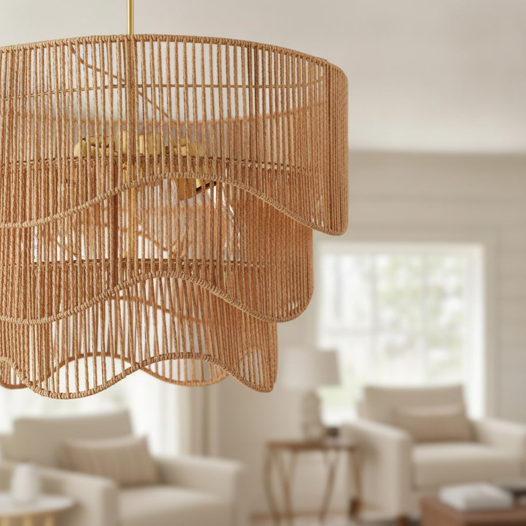 Handwoven Boho Rattan Wave 7-Light Chandelier — detail — Maison Bruxelle