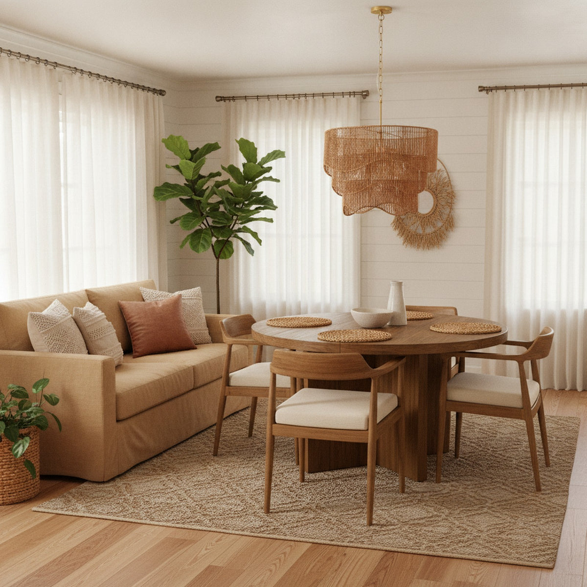 Handwoven Boho Rattan Wave 7-Light Chandelier — styled in a Maison Bruxelle interior