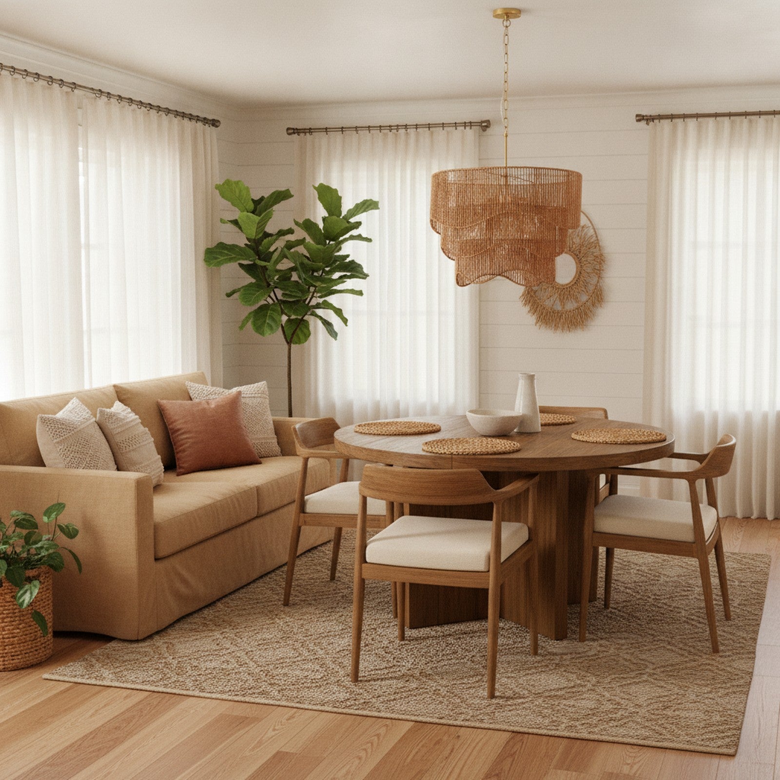 Handwoven Boho Rattan Wave 7-Light Chandelier — styled in a Maison Bruxelle interior