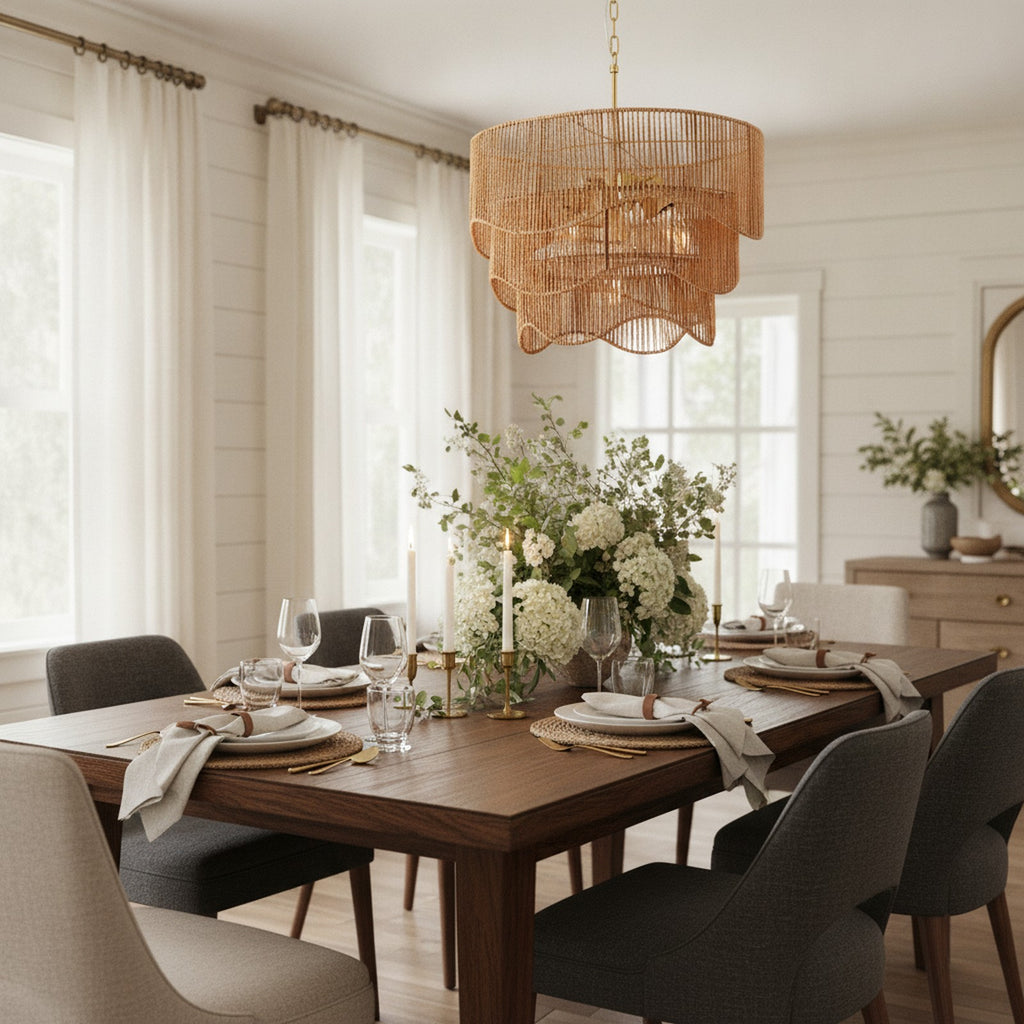Handwoven Boho Rattan Wave 7-Light Chandelier — styled — Maison Bruxelle