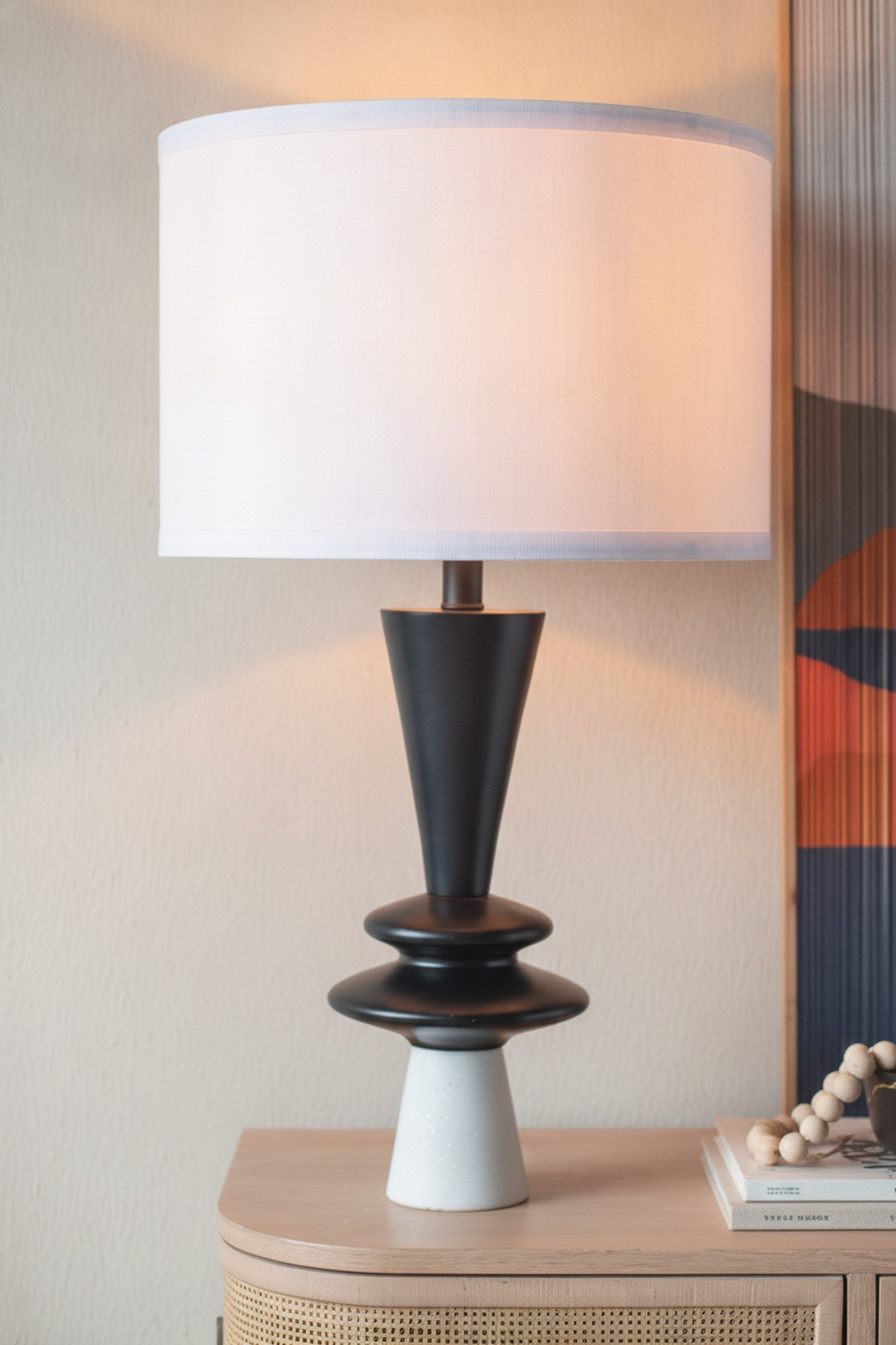 Black Aluminum Table Lamp, Disc Accents, White Shade — detail — Maison Bruxelle