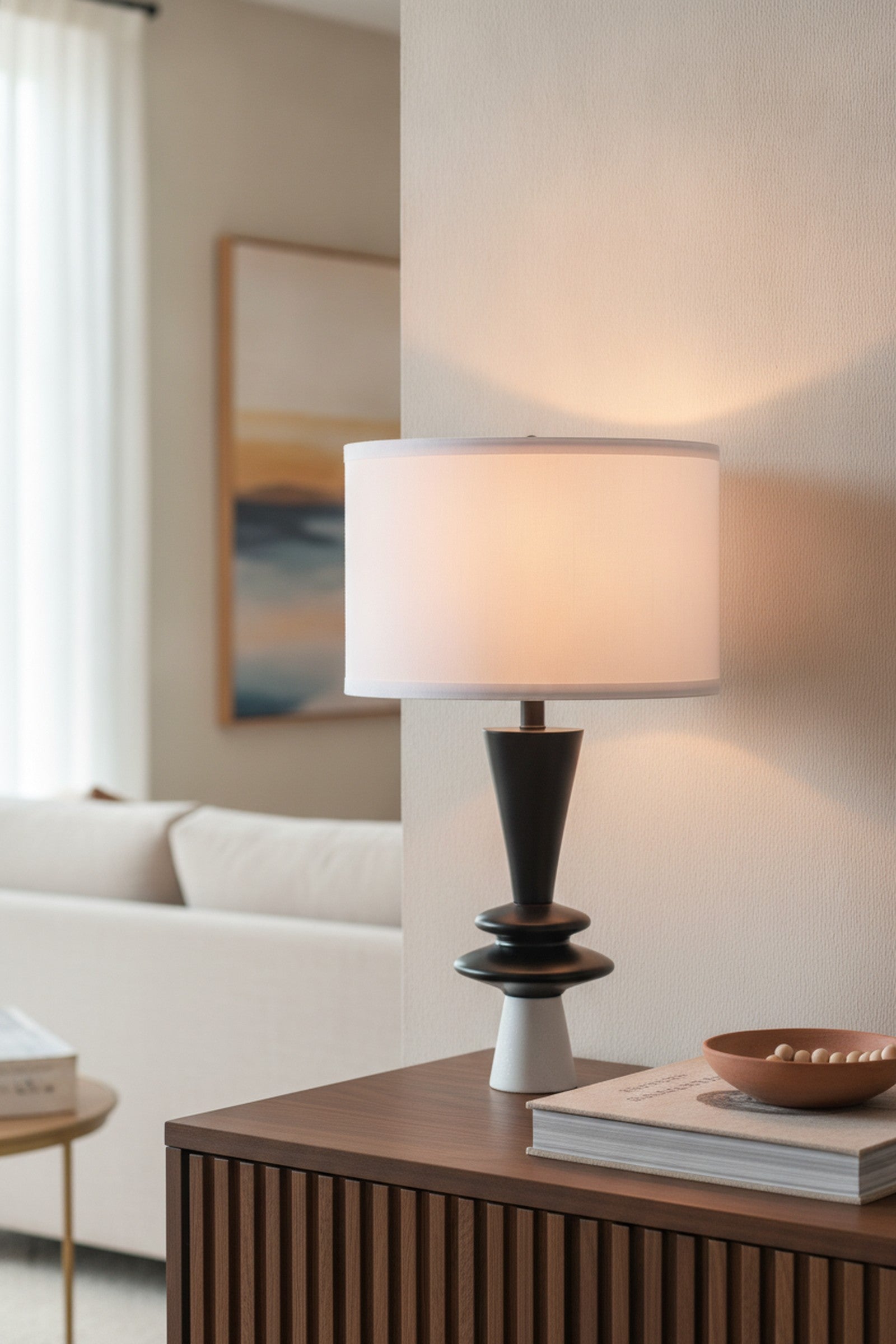 Black Aluminum Table Lamp, Disc Accents, White Shade — styled in a Maison Bruxelle interior