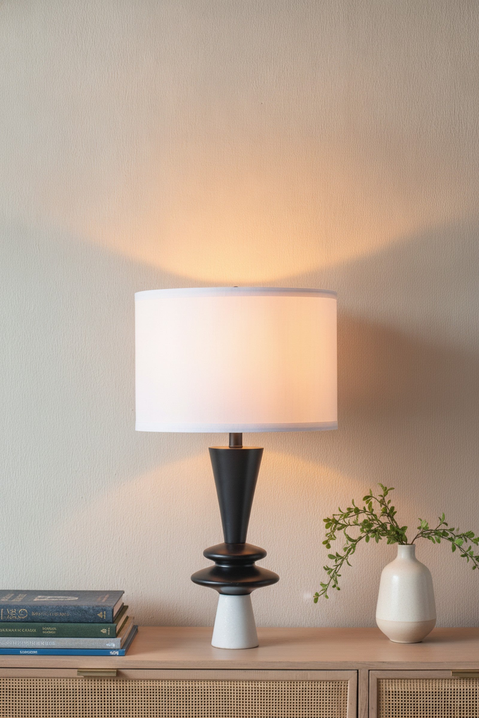 Black Aluminum Table Lamp, Disc Accents, White Shade — styled — Maison Bruxelle