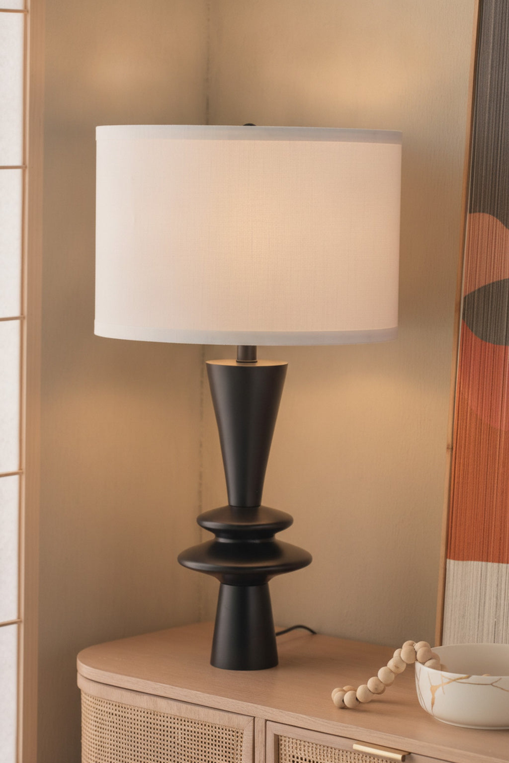 Black Aluminum Table Lamp, Round Accents, White Drum Shade — detail — Maison Bruxelle