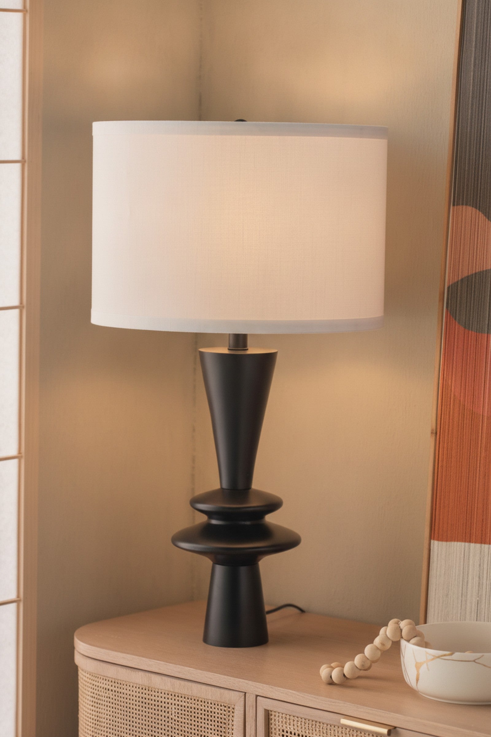 Black Aluminum Table Lamp, Round Accents, White Drum Shade — detail — Maison Bruxelle