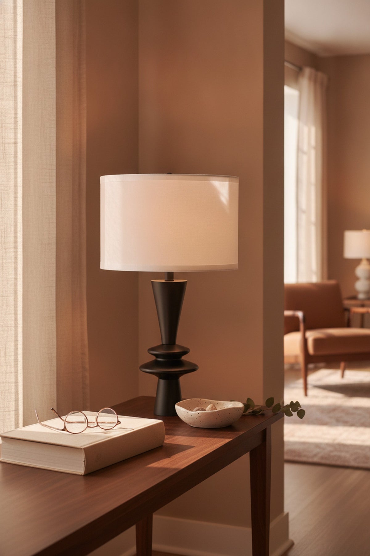 Black Aluminum Table Lamp, Round Accents, White Drum Shade — styled in a Maison Bruxelle interior