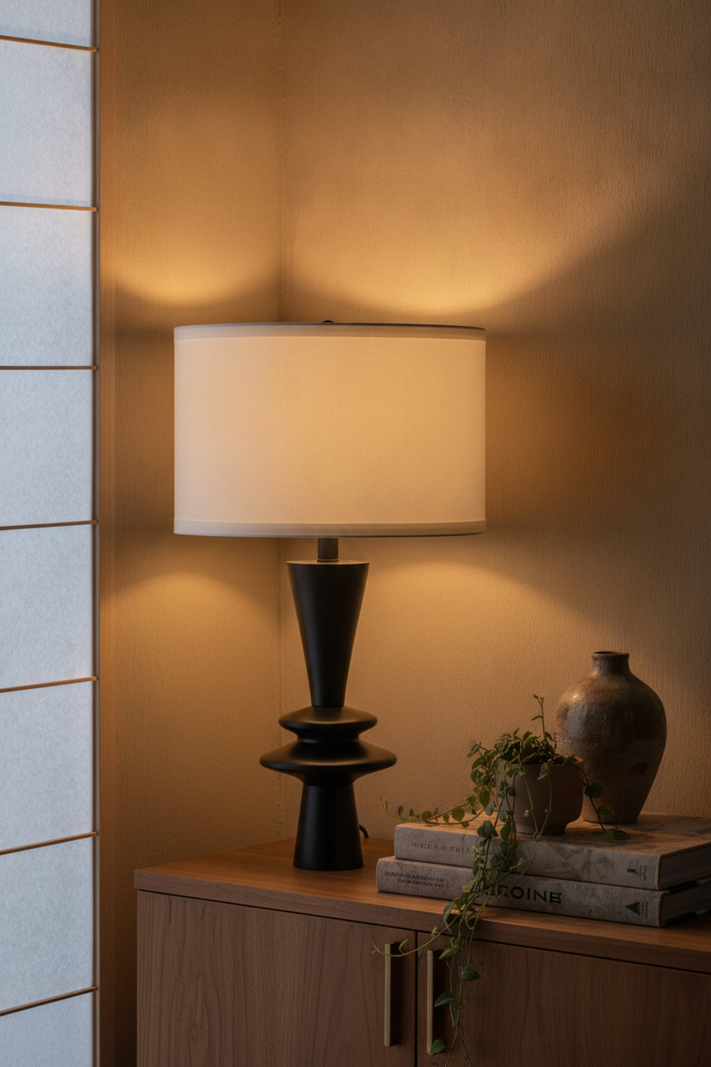 Black Aluminum Table Lamp, Round Accents, White Drum Shade — styled — Maison Bruxelle
