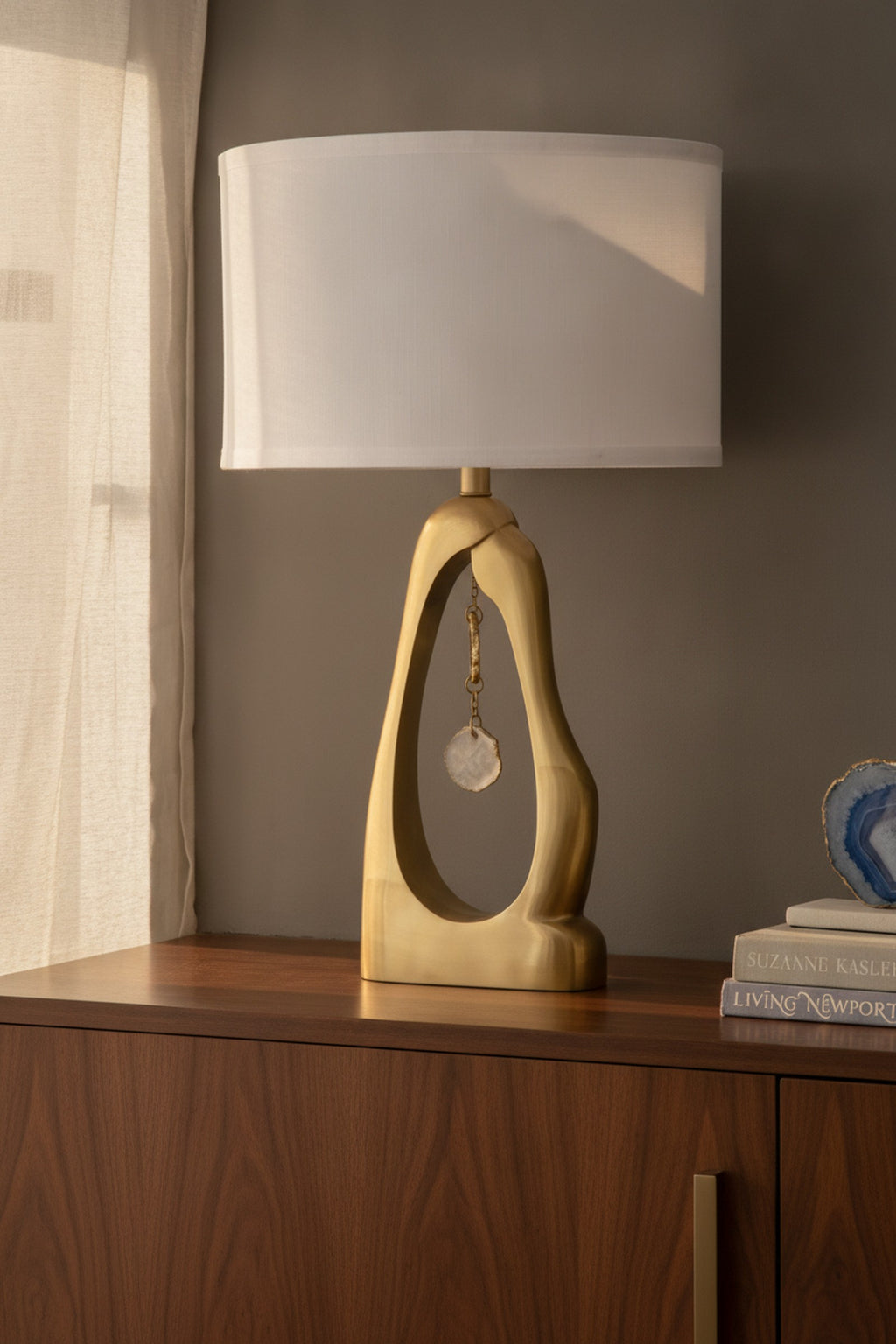 Gold Geode Shaped Table Lamp, White Drum Shade — detail — Maison Bruxelle
