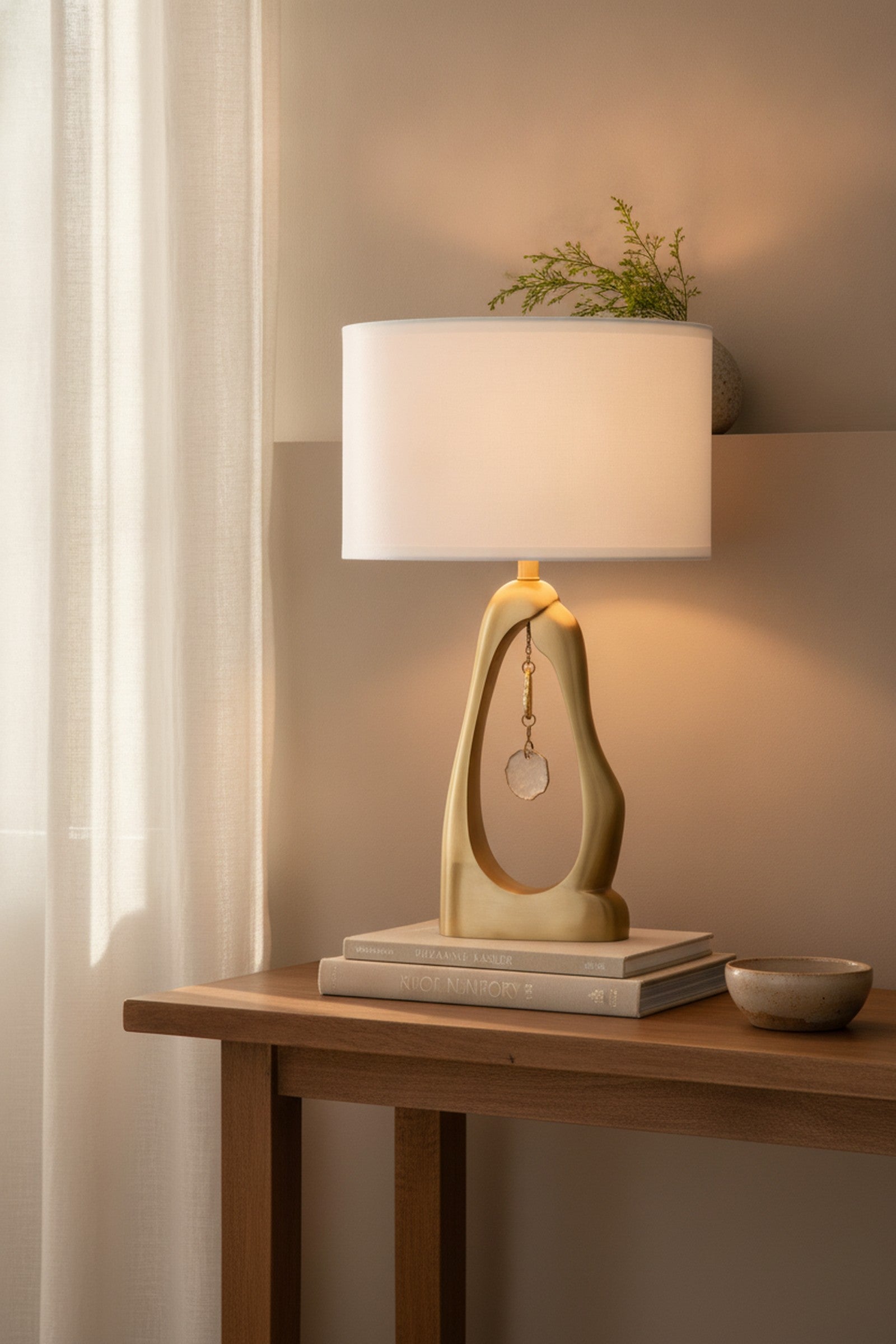 Gold Geode Shaped Table Lamp, White Drum Shade — styled in a Maison Bruxelle interior