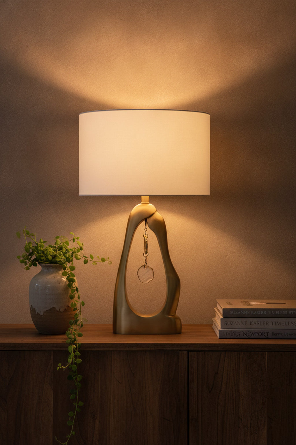 Gold Geode Shaped Table Lamp, White Drum Shade — styled — Maison Bruxelle