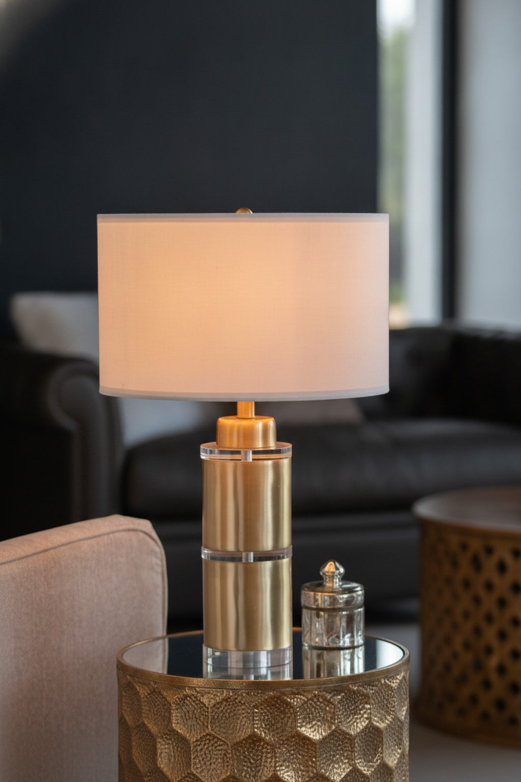 Gold & White Cylinder Table Lamp With Drum Shade — detail — Maison Bruxelle