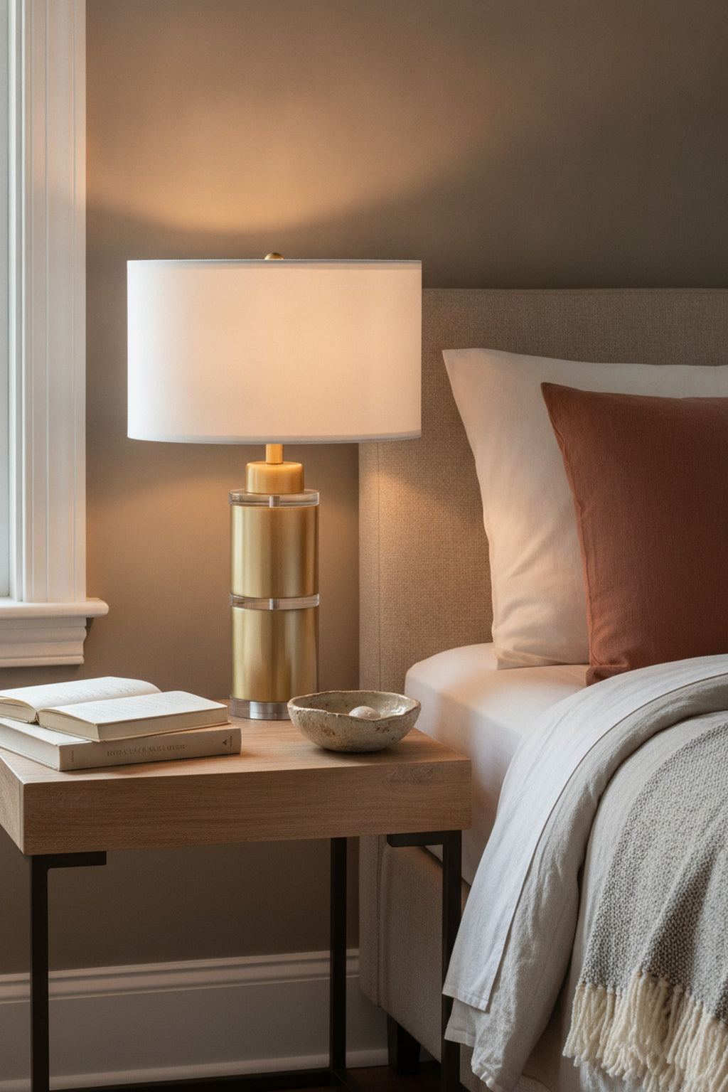 Gold & White Cylinder Table Lamp With Drum Shade — styled in a Maison Bruxelle interior
